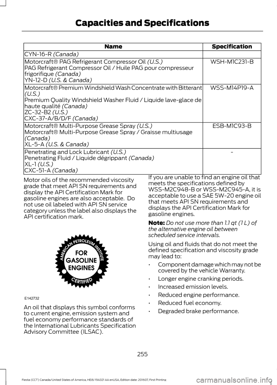 FORD FIESTA 2017 6.G Owners Manual Specification
Name
CYN-16-R (Canada) WSH-M1C231-B
Motorcraft® PAG Refrigerant Compressor Oil
 (U.S.)
PAG Refrigerant Compressor Oil / Huile PAG pour compresseur
frigorifique
 (Canada)
YN-12-D (U.S. &