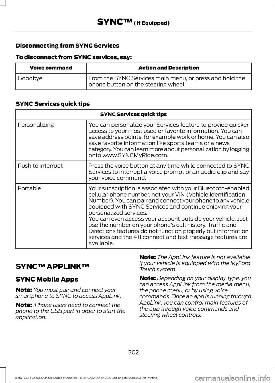 FORD FIESTA 2017 6.G Owners Manual Disconnecting from SYNC Services
To disconnect from SYNC services, say:
Action and Description
Voice command
From the SYNC Services main menu, or press and hold the
phone button on the steering wheel.