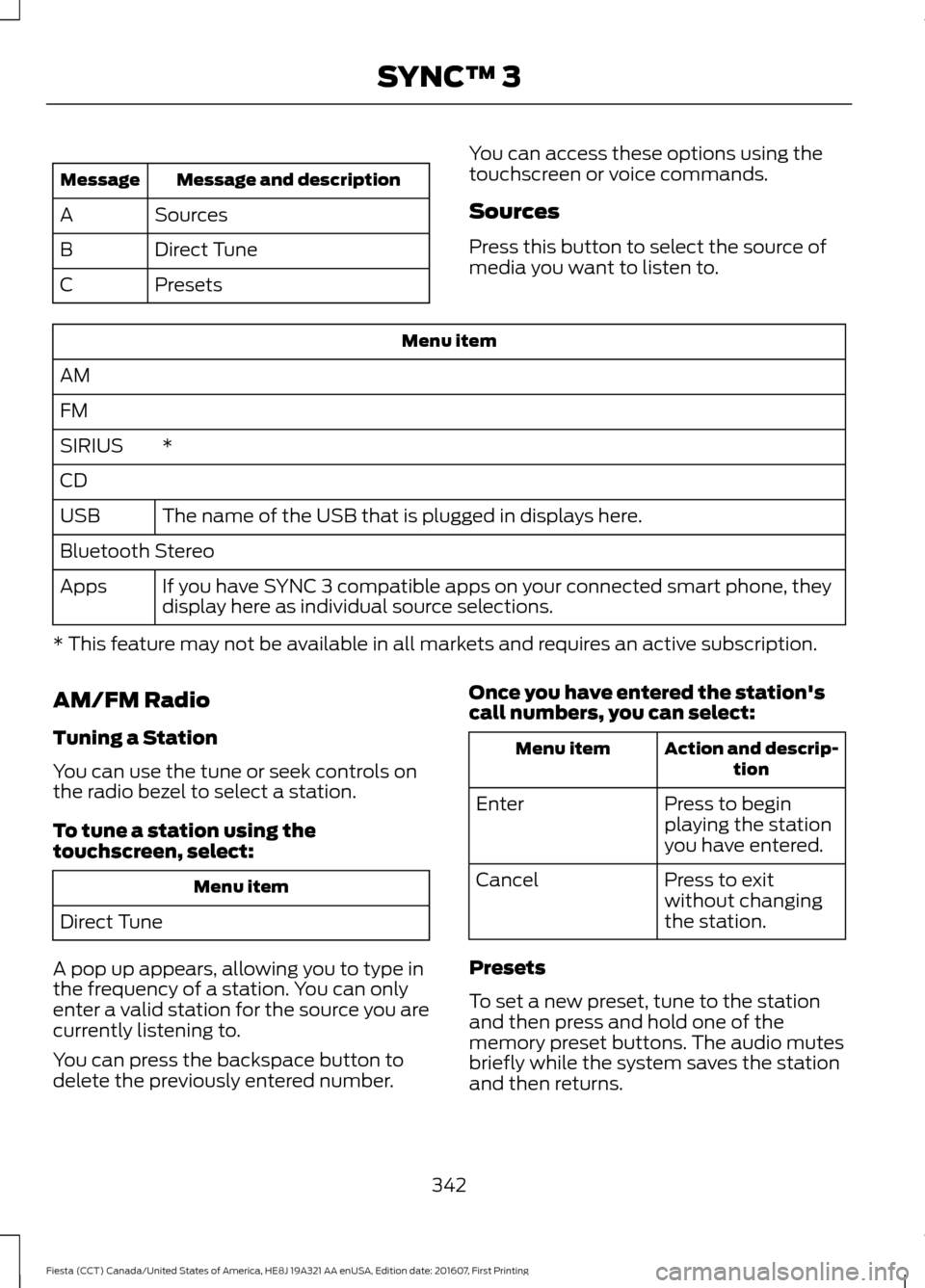 FORD FIESTA 2017 6.G Owners Manual Message and description
Message
Sources
A
Direct Tune
B
Presets
C You can access these options using the
touchscreen or voice commands.
Sources
Press this button to select the source of
media you want FORD FIESTA 2017 6.G Owners Manual Message and description
Message
Sources
A
Direct Tune
B
Presets
C You can access these options using the
touchscreen or voice commands.
Sources
Press this button to select the source of
media you want