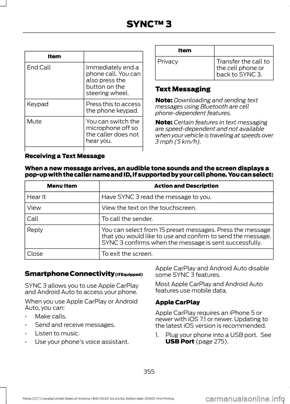 FORD FIESTA 2017 6.G Owners Manual Item
Immediately end a
phone call. You can
also press the
button on the
steering wheel.
End Call
Press this to access
the phone keypad.
Keypad
You can switch the
microphone off so
the caller does not
FORD FIESTA 2017 6.G Owners Manual Item
Immediately end a
phone call. You can
also press the
button on the
steering wheel.
End Call
Press this to access
the phone keypad.
Keypad
You can switch the
microphone off so
the caller does not