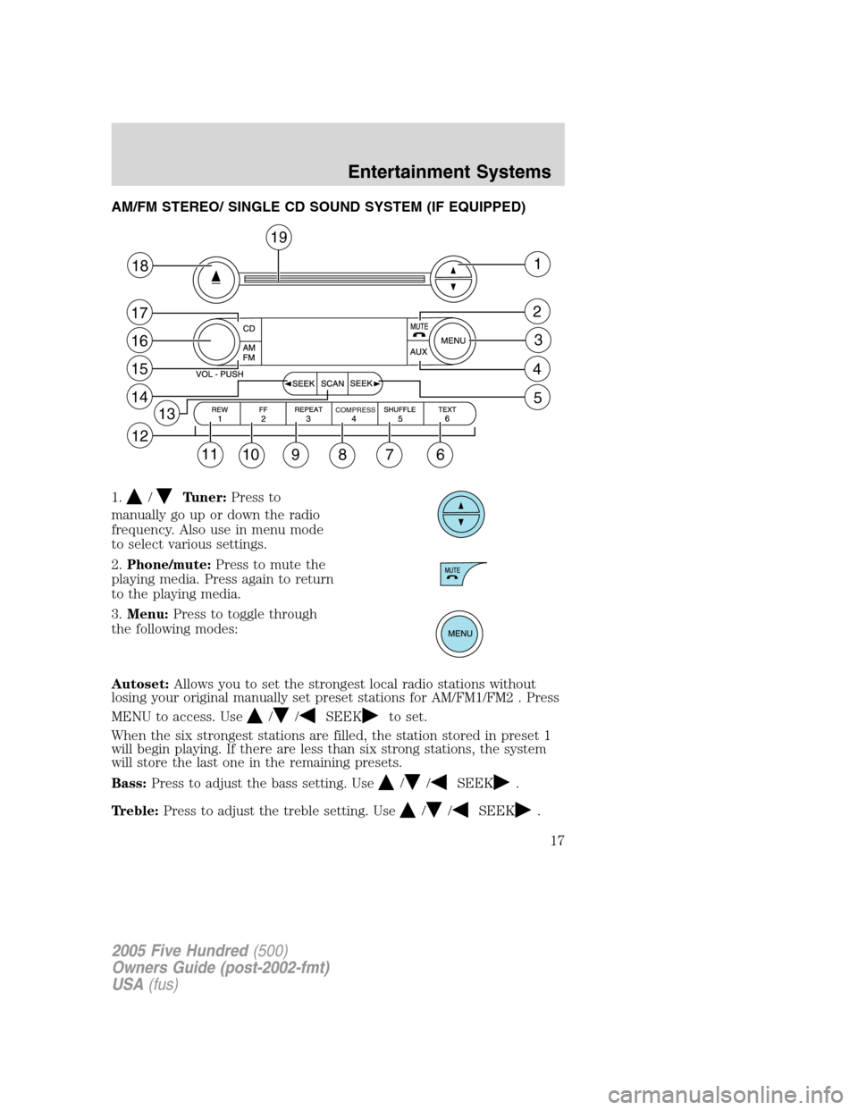 FORD FIVE HUNDRED 2005 D258 / 1.G User Guide AM/FM STEREO/ SINGLE CD SOUND SYSTEM (IF EQUIPPED)
1.
/Tuner:Press to
manually go up or down the radio
frequency. Also use in menu mode
to select various settings.
2.Phone/mute:Press to mute the
playi FORD FIVE HUNDRED 2005 D258 / 1.G User Guide AM/FM STEREO/ SINGLE CD SOUND SYSTEM (IF EQUIPPED)
1.
/Tuner:Press to
manually go up or down the radio
frequency. Also use in menu mode
to select various settings.
2.Phone/mute:Press to mute the
playi