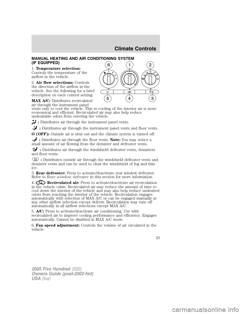FORD FIVE HUNDRED 2005 D258 / 1.G Owners Manual MANUAL HEATING AND AIR CONDITIONING SYSTEM
(IF EQUIPPED)
1.Temperature selection:
Controls the temperature of the
airflow in the vehicle.
2.Air flow selections:Controls
the direction of the airflow in FORD FIVE HUNDRED 2005 D258 / 1.G Owners Manual MANUAL HEATING AND AIR CONDITIONING SYSTEM
(IF EQUIPPED)
1.Temperature selection:
Controls the temperature of the
airflow in the vehicle.
2.Air flow selections:Controls
the direction of the airflow in