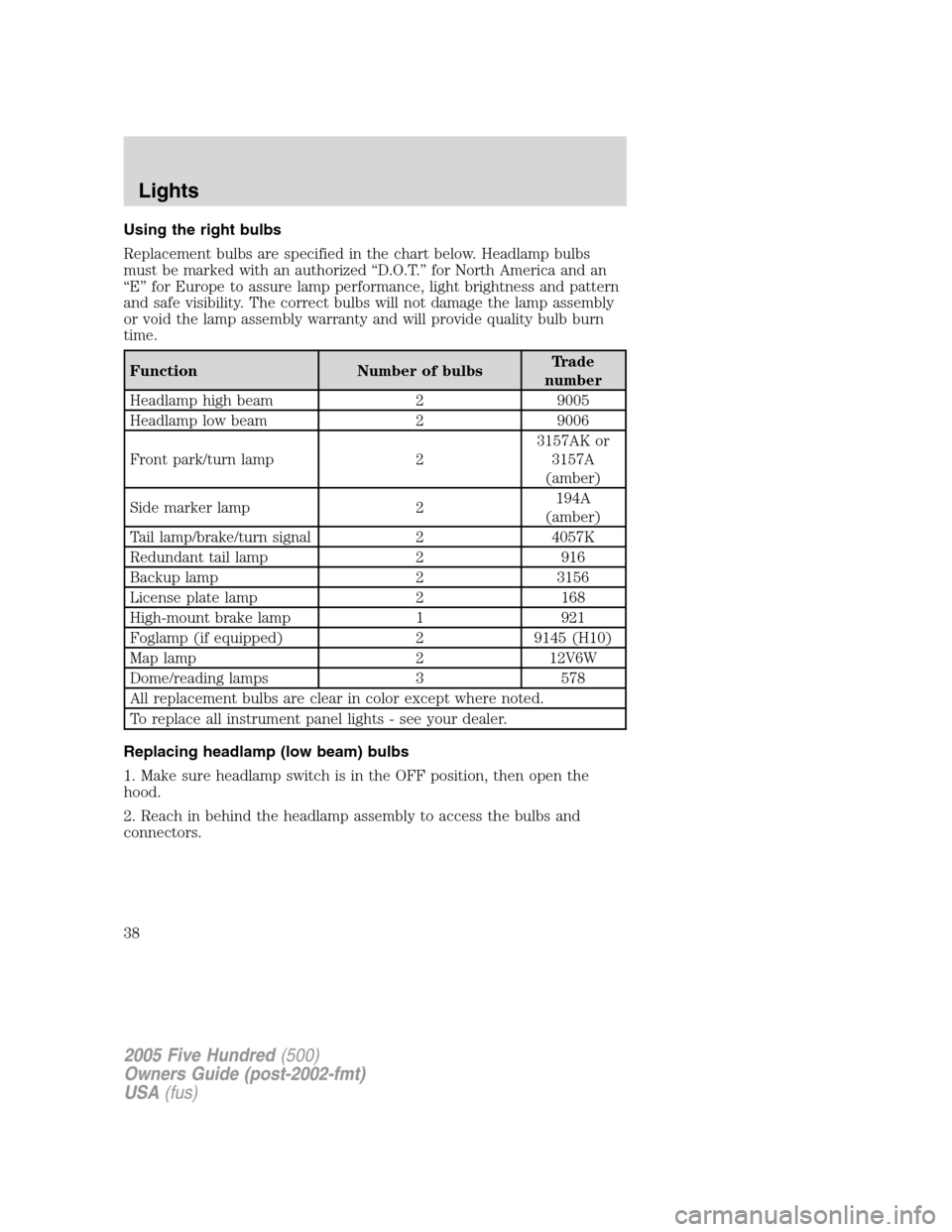 FORD FIVE HUNDRED 2005 D258 / 1.G Owners Guide Using the right bulbs
Replacement bulbs are specified in the chart below. Headlamp bulbs
must be marked with an authorized “D.O.T.” for North America and an
“E” for Europe to assure lamp perfo FORD FIVE HUNDRED 2005 D258 / 1.G Owners Guide Using the right bulbs
Replacement bulbs are specified in the chart below. Headlamp bulbs
must be marked with an authorized “D.O.T.” for North America and an
“E” for Europe to assure lamp perfo