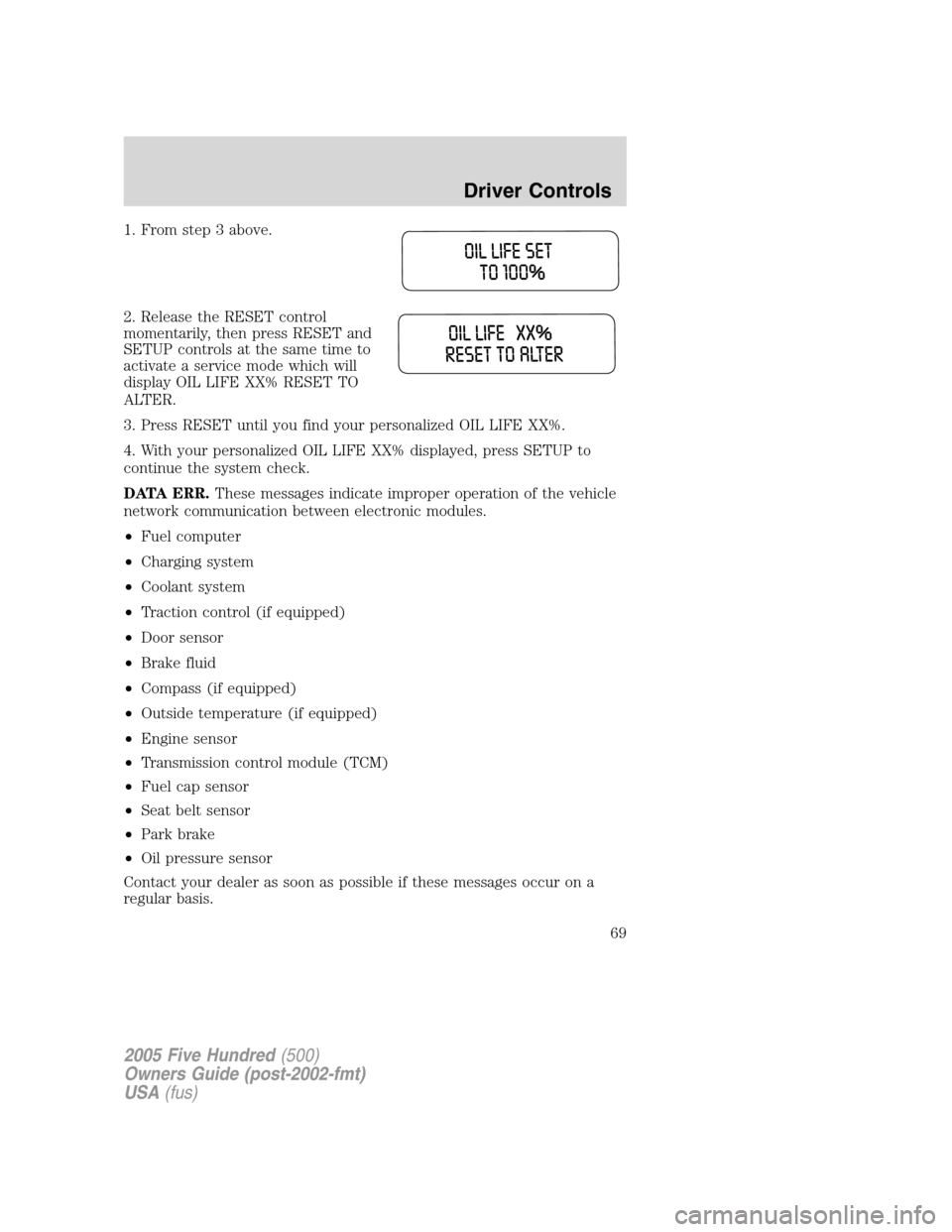 FORD FIVE HUNDRED 2005 D258 / 1.G Owners Manual 1. From step 3 above.
2. Release the RESET control
momentarily, then press RESET and
SETUP controls at the same time to
activate a service mode which will
display OIL LIFE XX% RESET TO
ALTER.
3. Press FORD FIVE HUNDRED 2005 D258 / 1.G Owners Manual 1. From step 3 above.
2. Release the RESET control
momentarily, then press RESET and
SETUP controls at the same time to
activate a service mode which will
display OIL LIFE XX% RESET TO
ALTER.
3. Press
