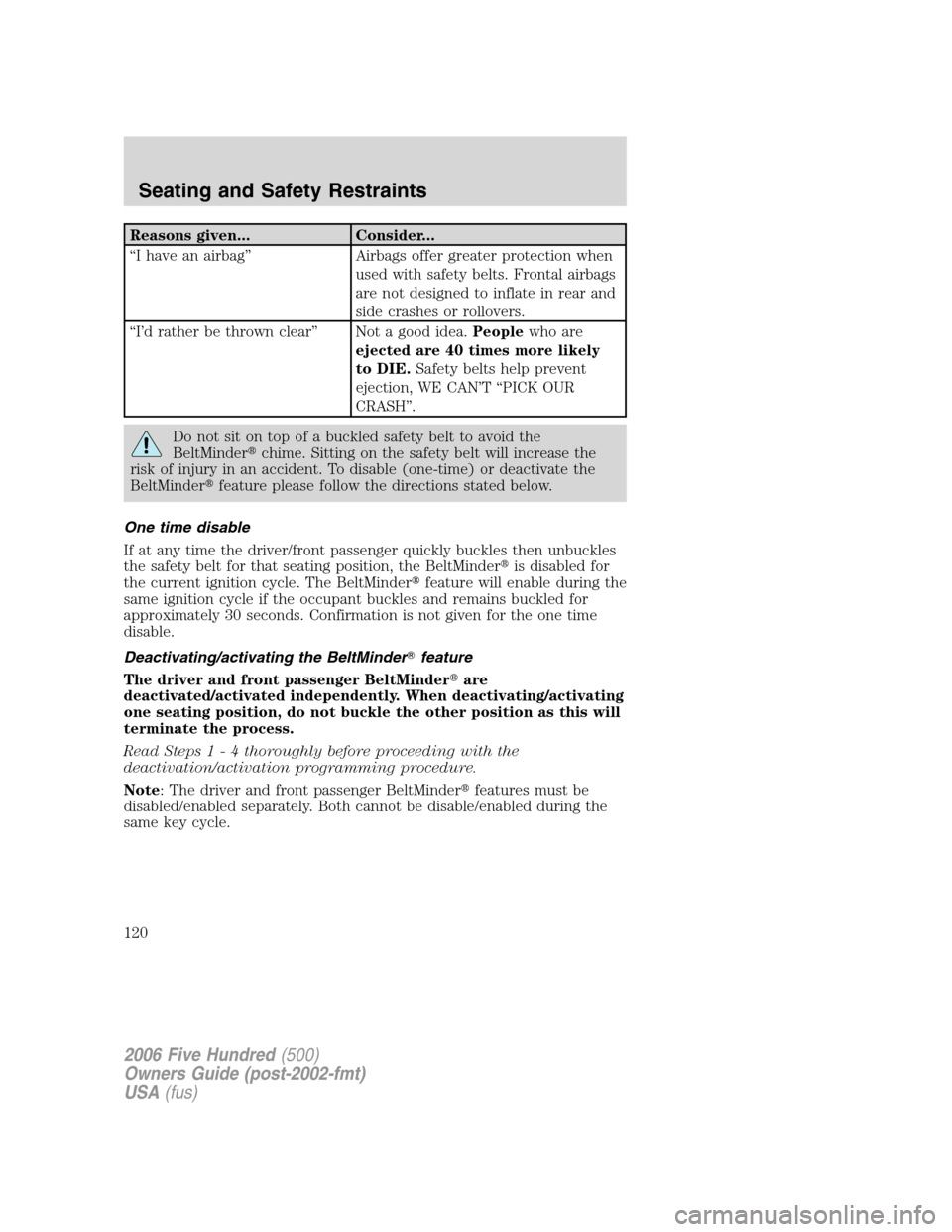 FORD FIVE HUNDRED 2006 D258 / 1.G Owners Manual Reasons given... Consider...
“I have an airbag” Airbags offer greater protection when
used with safety belts. Frontal airbags
are not designed to inflate in rear and
side crashes or rollovers.
“