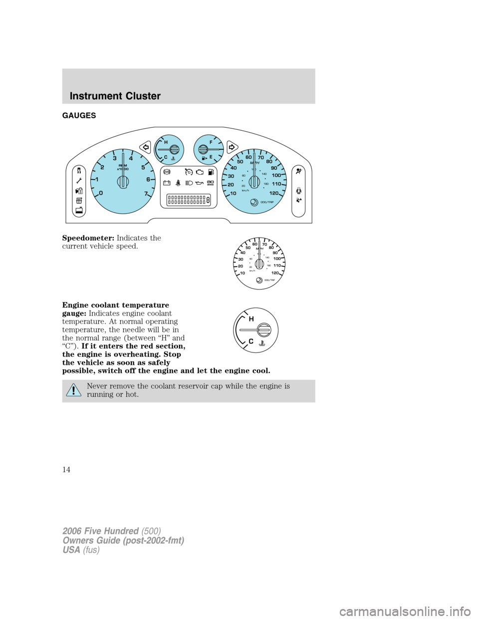 FORD FIVE HUNDRED 2006 D258 / 1.G Owners Manual GAUGES
Speedometer:Indicates the
current vehicle speed.
Engine coolant temperature
gauge:Indicates engine coolant
temperature. At normal operating
temperature, the needle will be in
the normal range ( FORD FIVE HUNDRED 2006 D258 / 1.G Owners Manual GAUGES
Speedometer:Indicates the
current vehicle speed.
Engine coolant temperature
gauge:Indicates engine coolant
temperature. At normal operating
temperature, the needle will be in
the normal range (