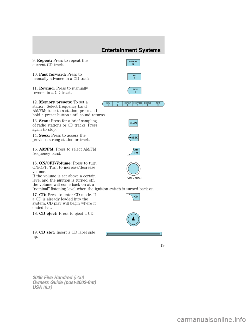 FORD FIVE HUNDRED 2006 D258 / 1.G User Guide 9.Repeat:Press to repeat the
current CD track.
10.Fast forward:Press to
manually advance in a CD track.
11.Rewind:Press to manually
reverse in a CD track.
12.Memory presets:To set a
station: Select fr