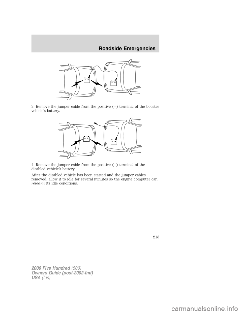 FORD FIVE HUNDRED 2006 D258 / 1.G Owners Manual 3. Remove the jumper cable from the positive (+) terminal of the booster
vehicle’s battery.
4. Remove the jumper cable from the positive (+) terminal of the
disabled vehicle’s battery.
After the d