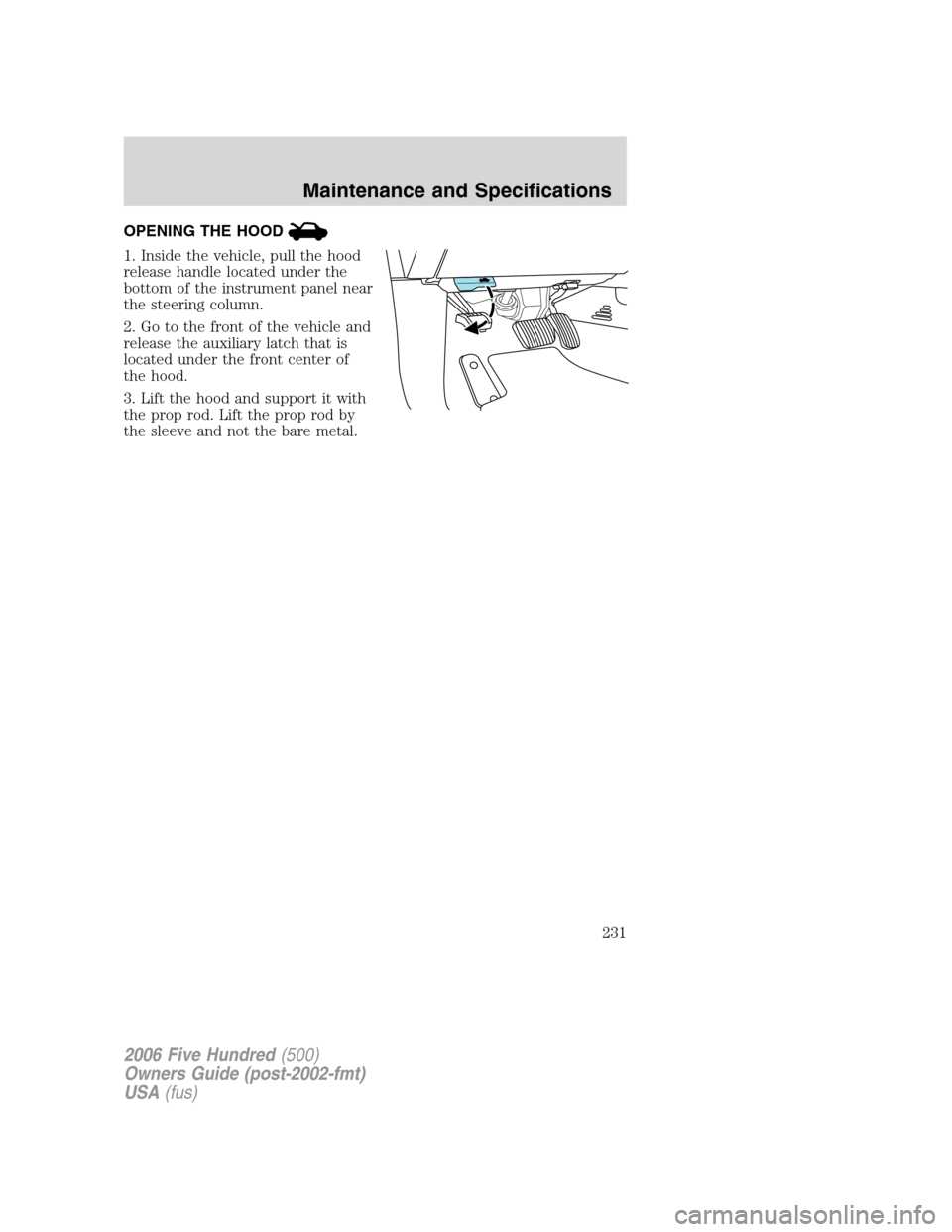 FORD FIVE HUNDRED 2006 D258 / 1.G Owners Manual OPENING THE HOOD
1. Inside the vehicle, pull the hood
release handle located under the
bottom of the instrument panel near
the steering column.
2. Go to the front of the vehicle and
release the auxili FORD FIVE HUNDRED 2006 D258 / 1.G Owners Manual OPENING THE HOOD
1. Inside the vehicle, pull the hood
release handle located under the
bottom of the instrument panel near
the steering column.
2. Go to the front of the vehicle and
release the auxili