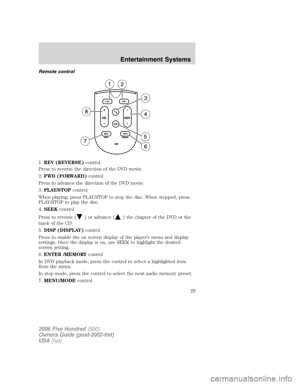 FORD FIVE HUNDRED 2006 D258 / 1.G Owners Manual Remote control
1.REV (REVERSE)control
Press to reverse the direction of the DVD movie.
2.FWD (FORWARD)control
Press to advance the direction of the DVD movie.
3.PLAY/STOPcontrol
When playing, press PL FORD FIVE HUNDRED 2006 D258 / 1.G Owners Manual Remote control
1.REV (REVERSE)control
Press to reverse the direction of the DVD movie.
2.FWD (FORWARD)control
Press to advance the direction of the DVD movie.
3.PLAY/STOPcontrol
When playing, press PL
