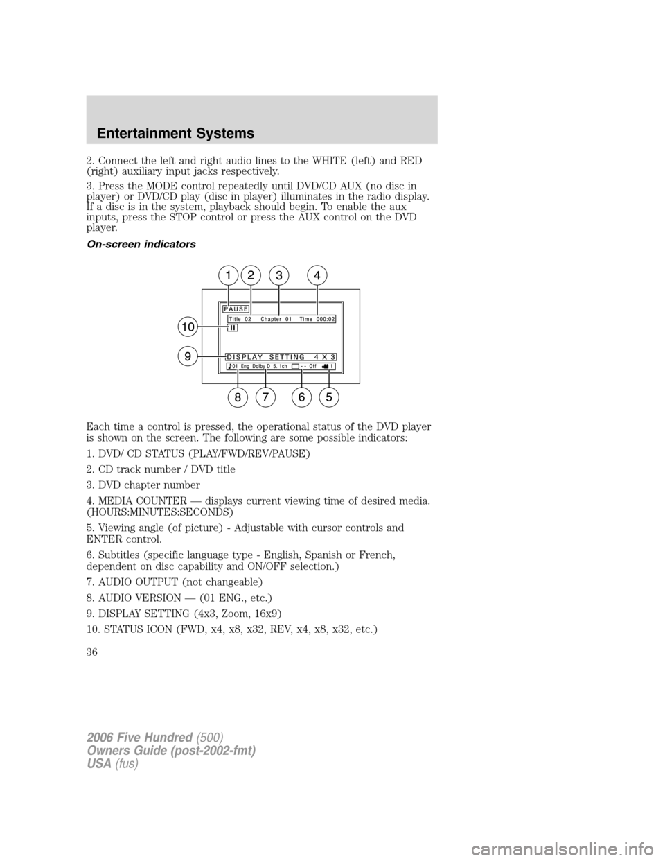 FORD FIVE HUNDRED 2006 D258 / 1.G Owners Guide 2. Connect the left and right audio lines to the WHITE (left) and RED
(right) auxiliary input jacks respectively.
3. Press the MODE control repeatedly until DVD/CD AUX (no disc in
player) or DVD/CD pl FORD FIVE HUNDRED 2006 D258 / 1.G Owners Guide 2. Connect the left and right audio lines to the WHITE (left) and RED
(right) auxiliary input jacks respectively.
3. Press the MODE control repeatedly until DVD/CD AUX (no disc in
player) or DVD/CD pl