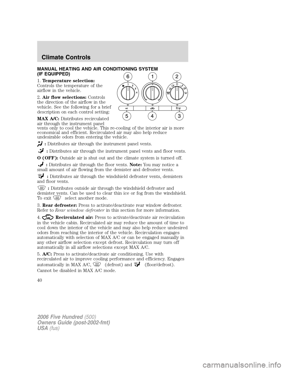 FORD FIVE HUNDRED 2006 D258 / 1.G Owners Manual MANUAL HEATING AND AIR CONDITIONING SYSTEM
(IF EQUIPPED)
1.Temperature selection:
Controls the temperature of the
airflow in the vehicle.
2.Air flow selections:Controls
the direction of the airflow in FORD FIVE HUNDRED 2006 D258 / 1.G Owners Manual MANUAL HEATING AND AIR CONDITIONING SYSTEM
(IF EQUIPPED)
1.Temperature selection:
Controls the temperature of the
airflow in the vehicle.
2.Air flow selections:Controls
the direction of the airflow in