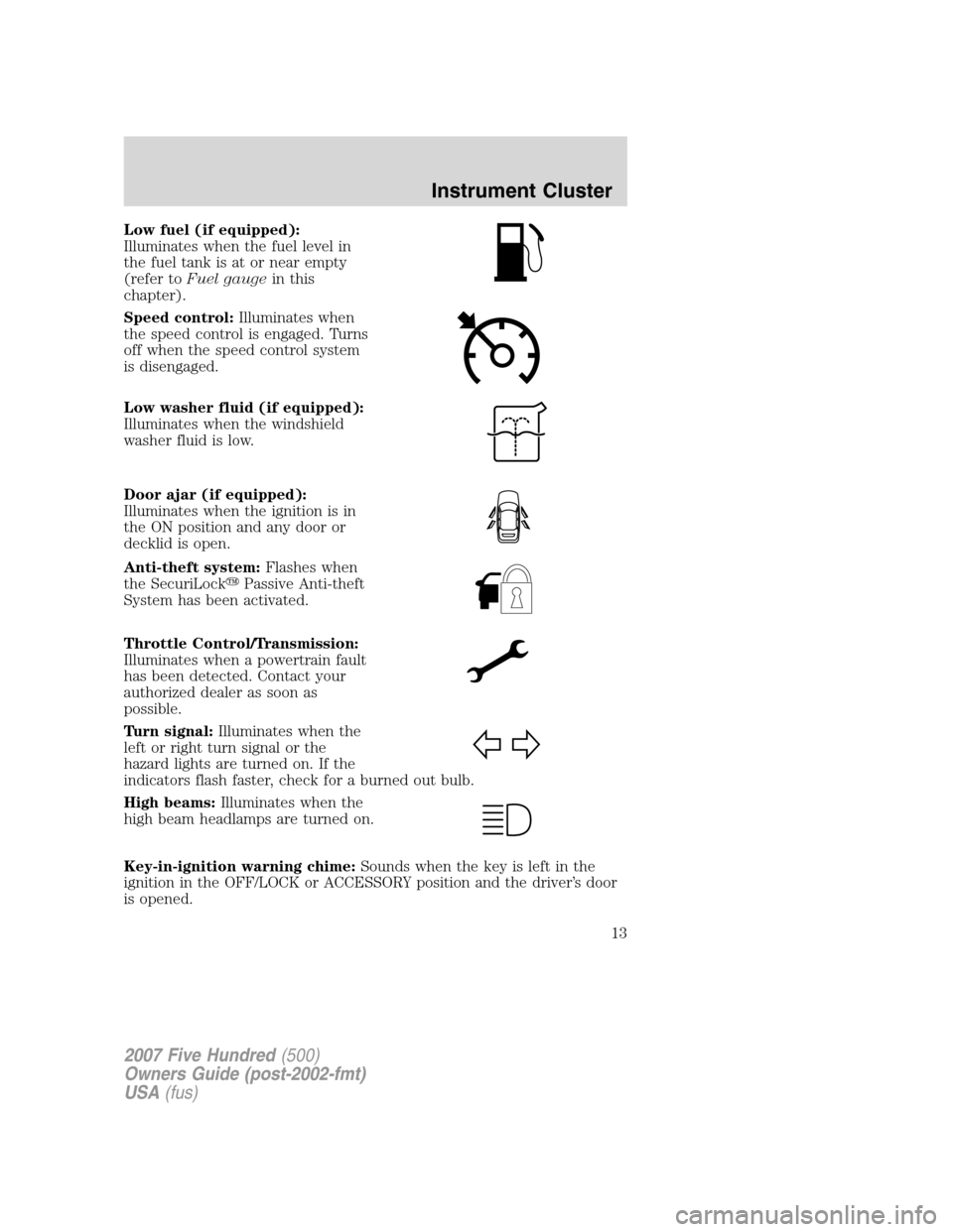 FORD FIVE HUNDRED 2007 D258 / 1.G Owners Manual Low fuel (if equipped):
Illuminates when the fuel level in
the fuel tank is at or near empty
(refer toFuel gaugein this
chapter).
Speed control:Illuminates when
the speed control is engaged. Turns
off FORD FIVE HUNDRED 2007 D258 / 1.G Owners Manual Low fuel (if equipped):
Illuminates when the fuel level in
the fuel tank is at or near empty
(refer toFuel gaugein this
chapter).
Speed control:Illuminates when
the speed control is engaged. Turns
off