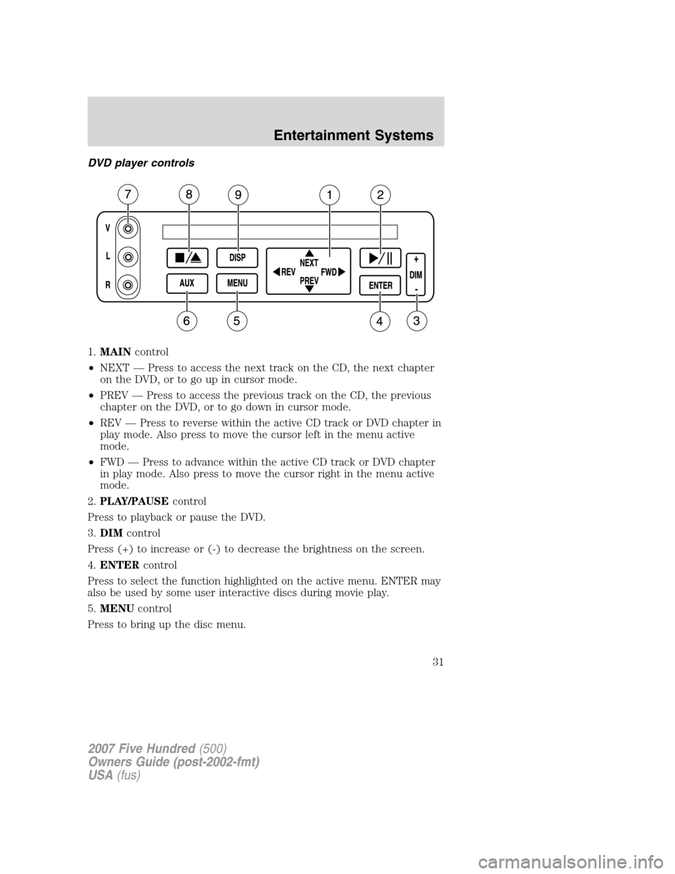 FORD FIVE HUNDRED 2007 D258 / 1.G Owners Guide DVD player controls
1.MAINcontrol
•NEXT — Press to access the next track on the CD, the next chapter
on the DVD, or to go up in cursor mode.
•PREV — Press to access the previous track on the C FORD FIVE HUNDRED 2007 D258 / 1.G Owners Guide DVD player controls
1.MAINcontrol
•NEXT — Press to access the next track on the CD, the next chapter
on the DVD, or to go up in cursor mode.
•PREV — Press to access the previous track on the C