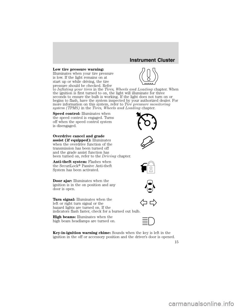 FORD FLEX 2010 1.G User Guide Low tire pressure warning:
Illuminates when your tire pressure
is low. If the light remains on at
start up or while driving, the tire
pressure should be checked. Refer
toInflating your tiresin theTire