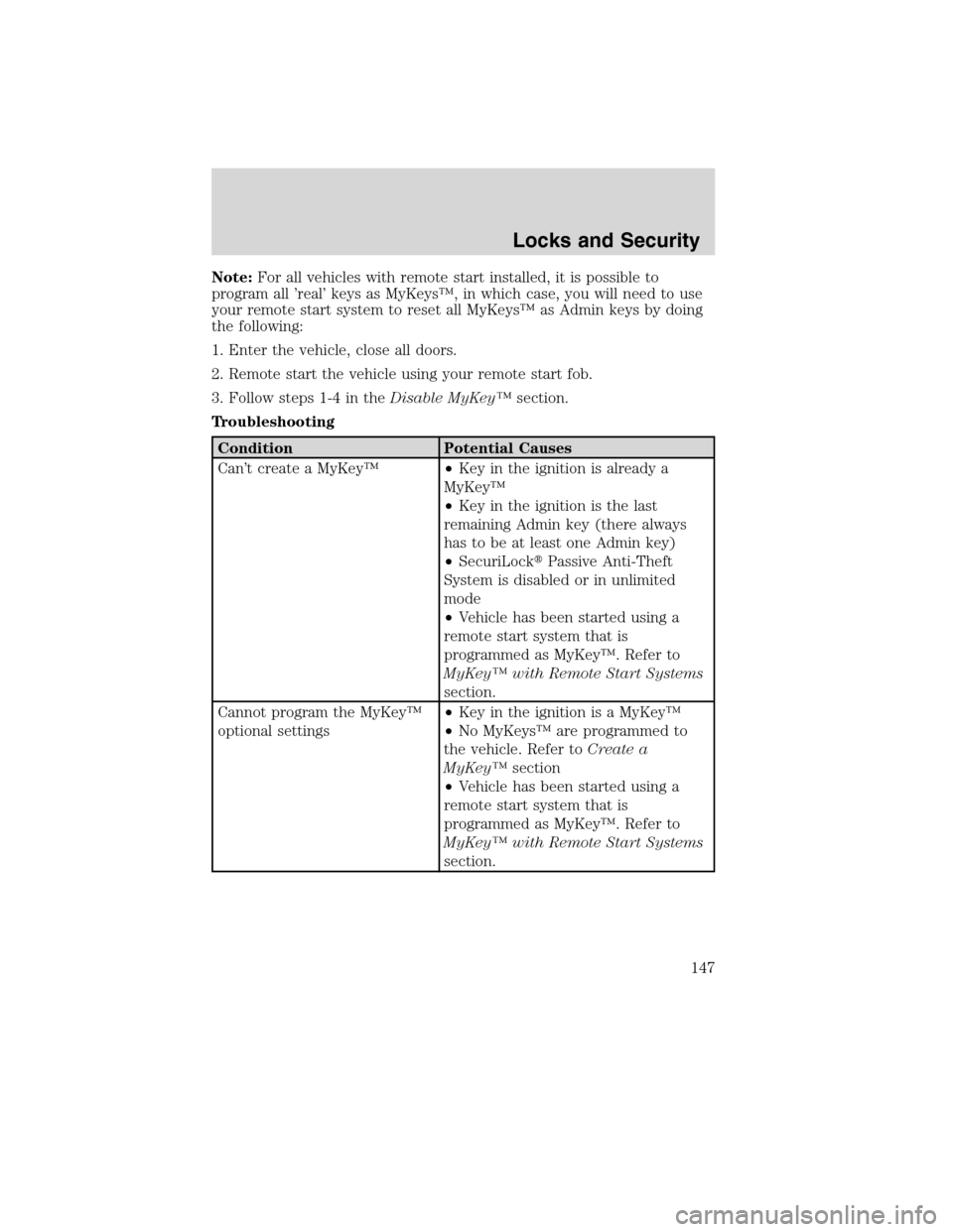 FORD FLEX 2010 1.G Owners Manual Note:For all vehicles with remote start installed, it is possible to
program all ’real’ keys as MyKeys™, in which case, you will need to use
your remote start system to reset all MyKeys™ as Ad