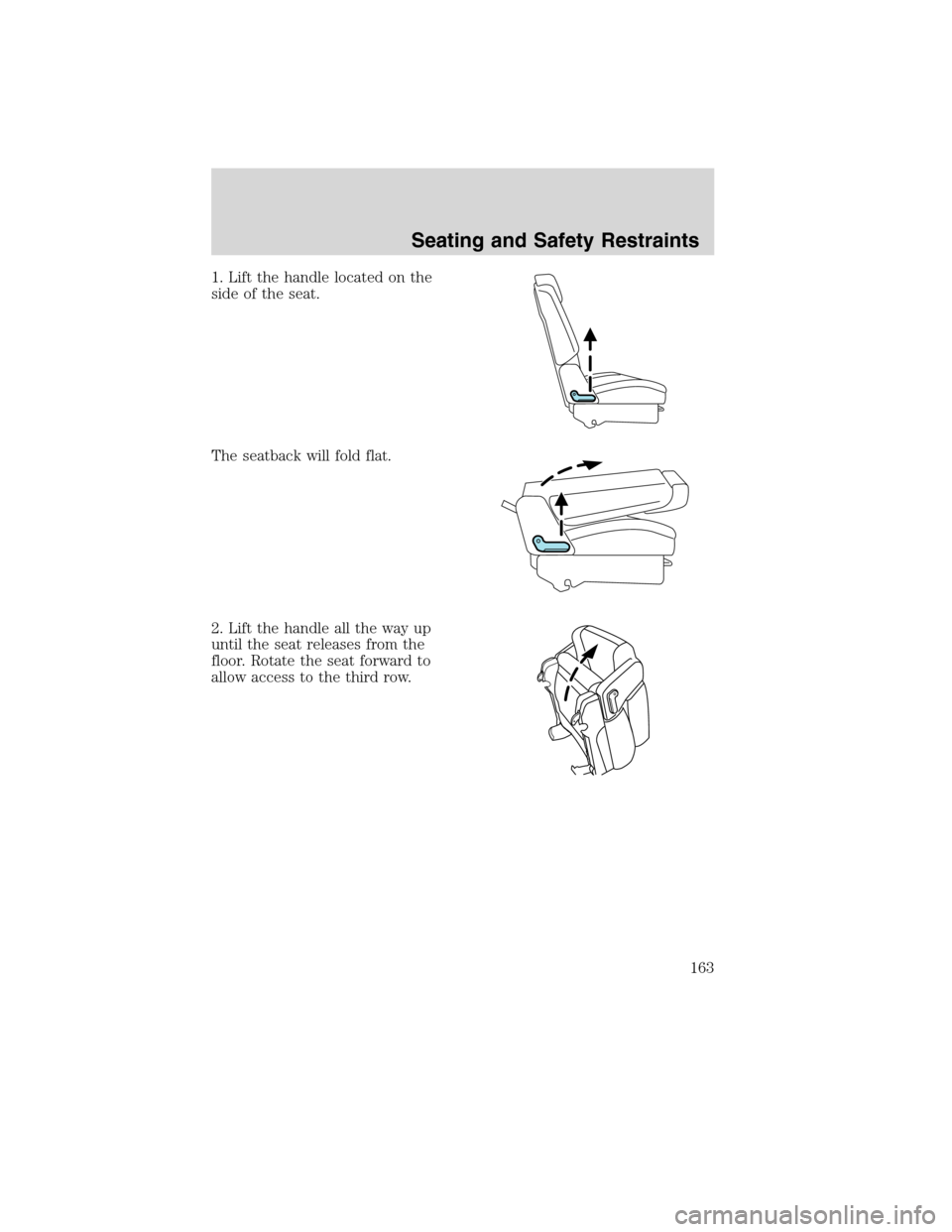 FORD FLEX 2010 1.G Owners Manual 1. Lift the handle located on the
side of the seat.
The seatback will fold flat.
2. Lift the handle all the way up
until the seat releases from the
floor. Rotate the seat forward to
allow access to th