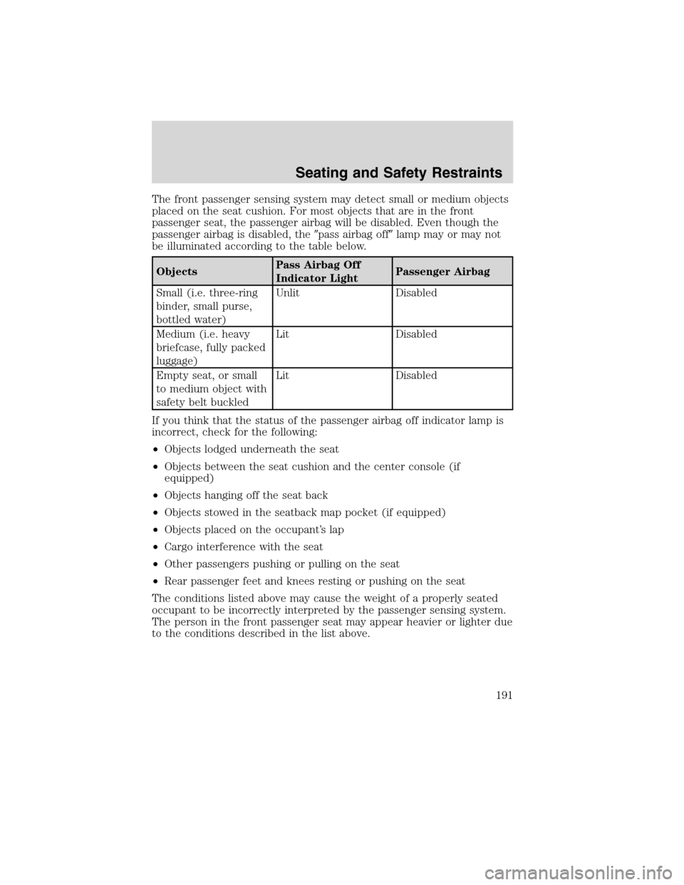 FORD FLEX 2010 1.G Owners Manual The front passenger sensing system may detect small or medium objects
placed on the seat cushion. For most objects that are in the front
passenger seat, the passenger airbag will be disabled. Even tho FORD FLEX 2010 1.G Owners Manual The front passenger sensing system may detect small or medium objects
placed on the seat cushion. For most objects that are in the front
passenger seat, the passenger airbag will be disabled. Even tho