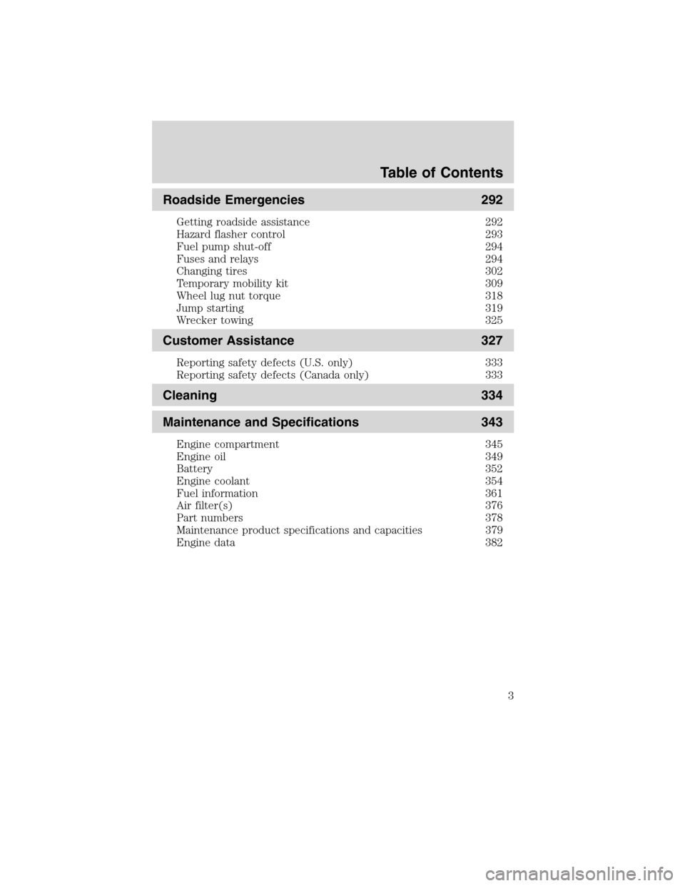 FORD FLEX 2010 1.G Owners Manual Roadside Emergencies 292
Getting roadside assistance 292
Hazard flasher control 293
Fuel pump shut-off 294
Fuses and relays 294
Changing tires 302
Temporary mobility kit 309
Wheel lug nut torque 318
J FORD FLEX 2010 1.G Owners Manual Roadside Emergencies 292
Getting roadside assistance 292
Hazard flasher control 293
Fuel pump shut-off 294
Fuses and relays 294
Changing tires 302
Temporary mobility kit 309
Wheel lug nut torque 318
J