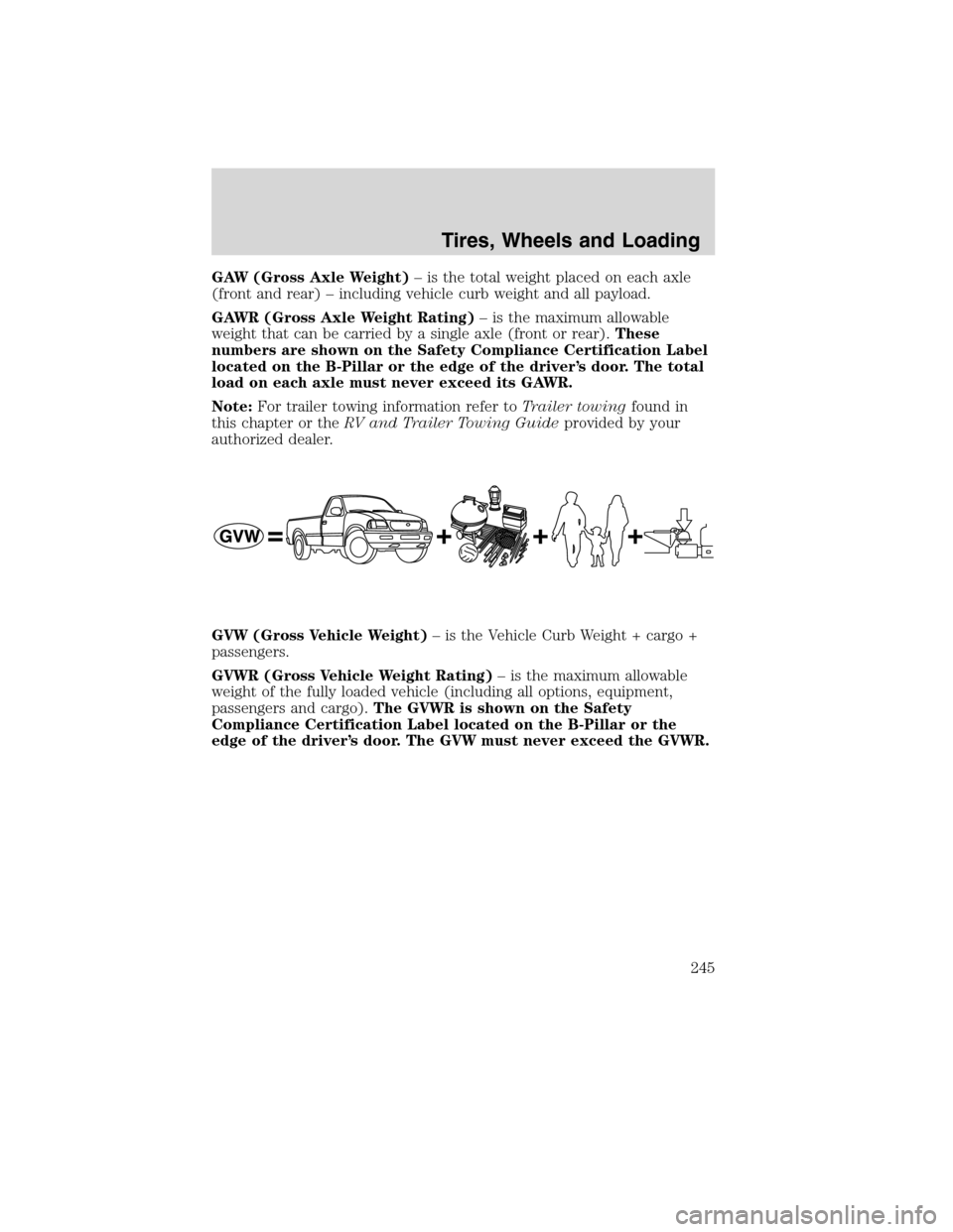 FORD FLEX 2010 1.G Owners Manual GAW (Gross Axle Weight)– is the total weight placed on each axle
(front and rear) – including vehicle curb weight and all payload.
GAWR (Gross Axle Weight Rating)– is the maximum allowable
weigh