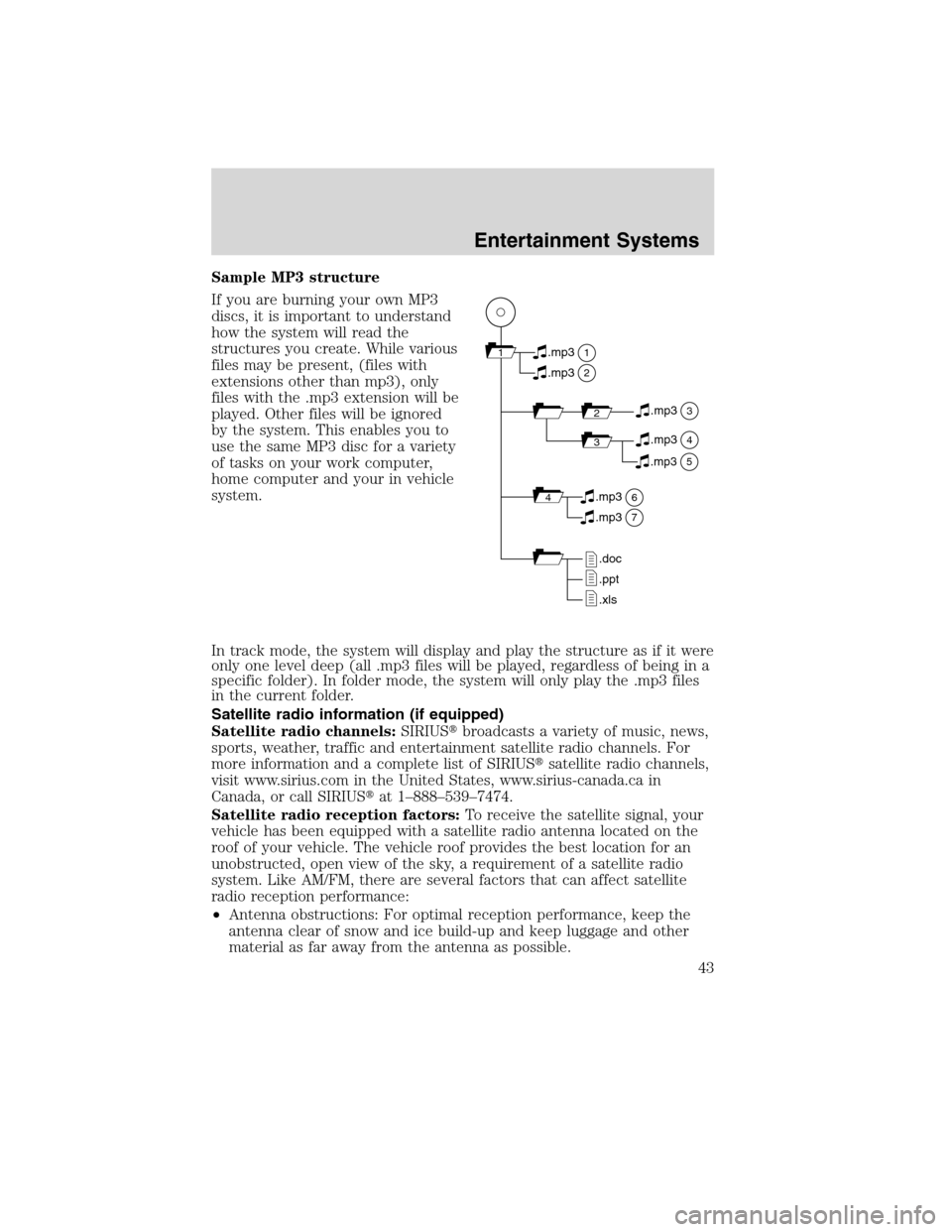 FORD FLEX 2010 1.G Service Manual Sample MP3 structure
If you are burning your own MP3
discs, it is important to understand
how the system will read the
structures you create. While various
files may be present, (files with
extensions