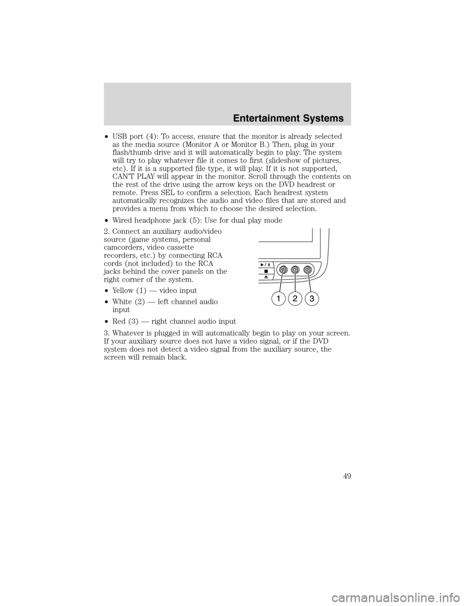 FORD FLEX 2010 1.G User Guide •USB port (4): To access, ensure that the monitor is already selected
as the media source (Monitor A or Monitor B.) Then, plug in your
flash/thumb drive and it will automatically begin to play. The 