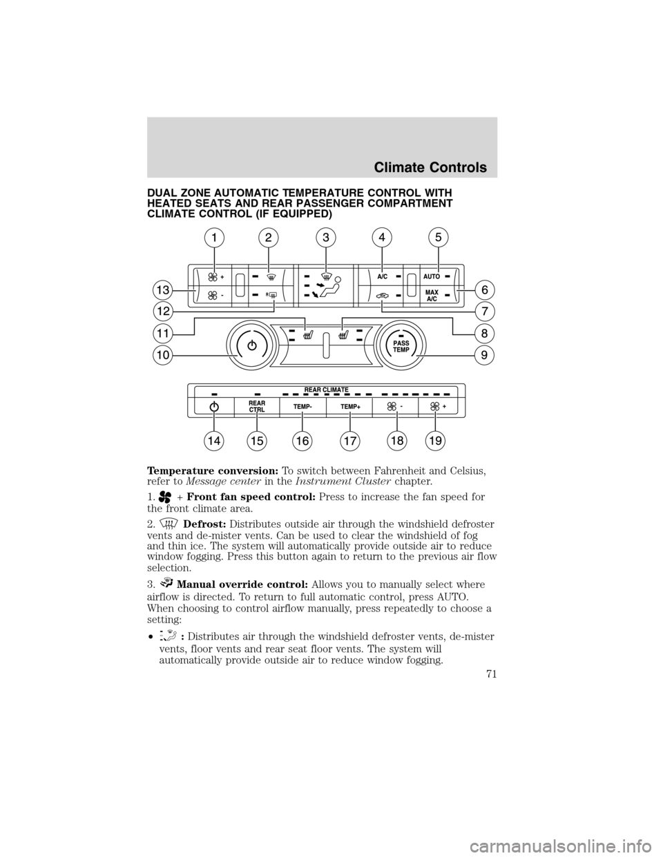 FORD FLEX 2010 1.G Manual PDF DUAL ZONE AUTOMATIC TEMPERATURE CONTROL WITH
HEATED SEATS AND REAR PASSENGER COMPARTMENT
CLIMATE CONTROL (IF EQUIPPED)
Temperature conversion:To switch between Fahrenheit and Celsius,
refer toMessage 