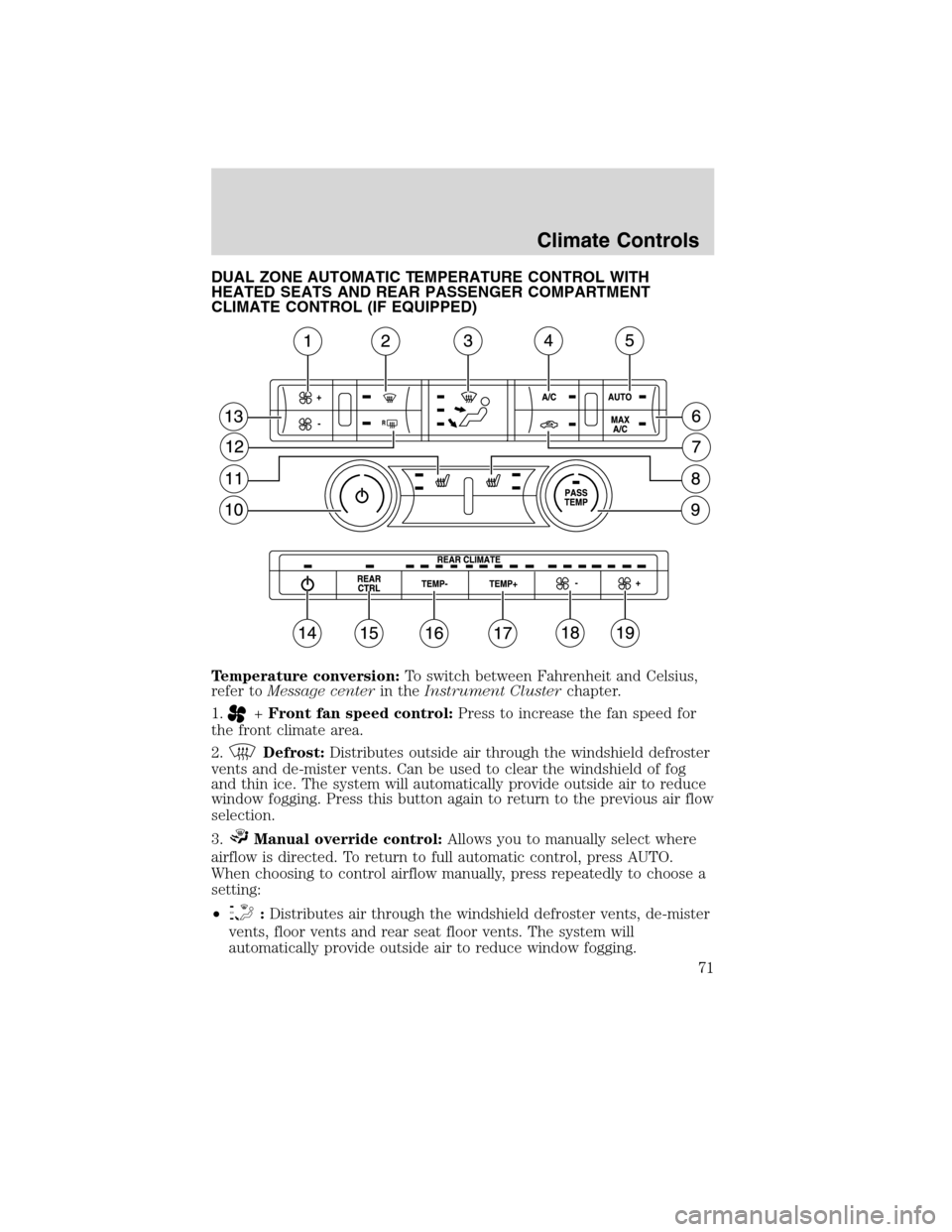 FORD FLEX 2010 1.G Owners Manual DUAL ZONE AUTOMATIC TEMPERATURE CONTROL WITH
HEATED SEATS AND REAR PASSENGER COMPARTMENT
CLIMATE CONTROL (IF EQUIPPED)
Temperature conversion:To switch between Fahrenheit and Celsius,
refer toMessage 