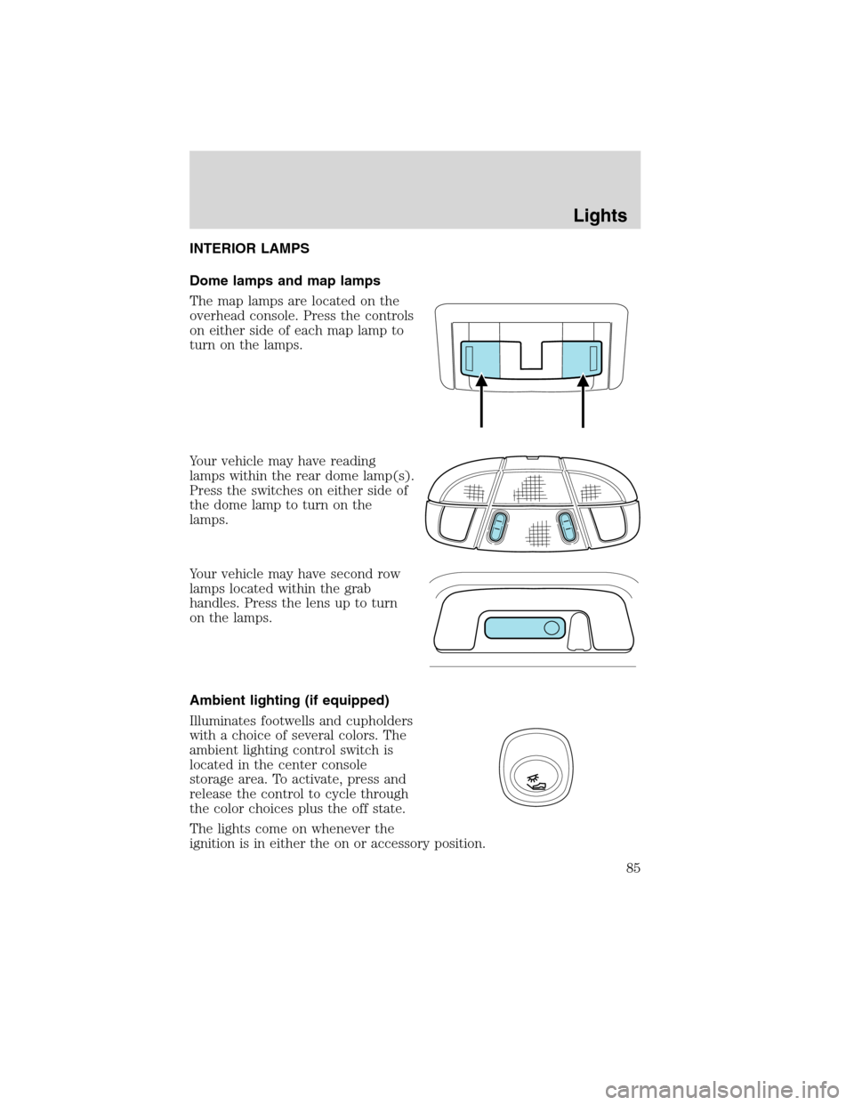 FORD FLEX 2010 1.G Owners Manual INTERIOR LAMPS
Dome lamps and map lamps
The map lamps are located on the
overhead console. Press the controls
on either side of each map lamp to
turn on the lamps.
Your vehicle may have reading
lamps 