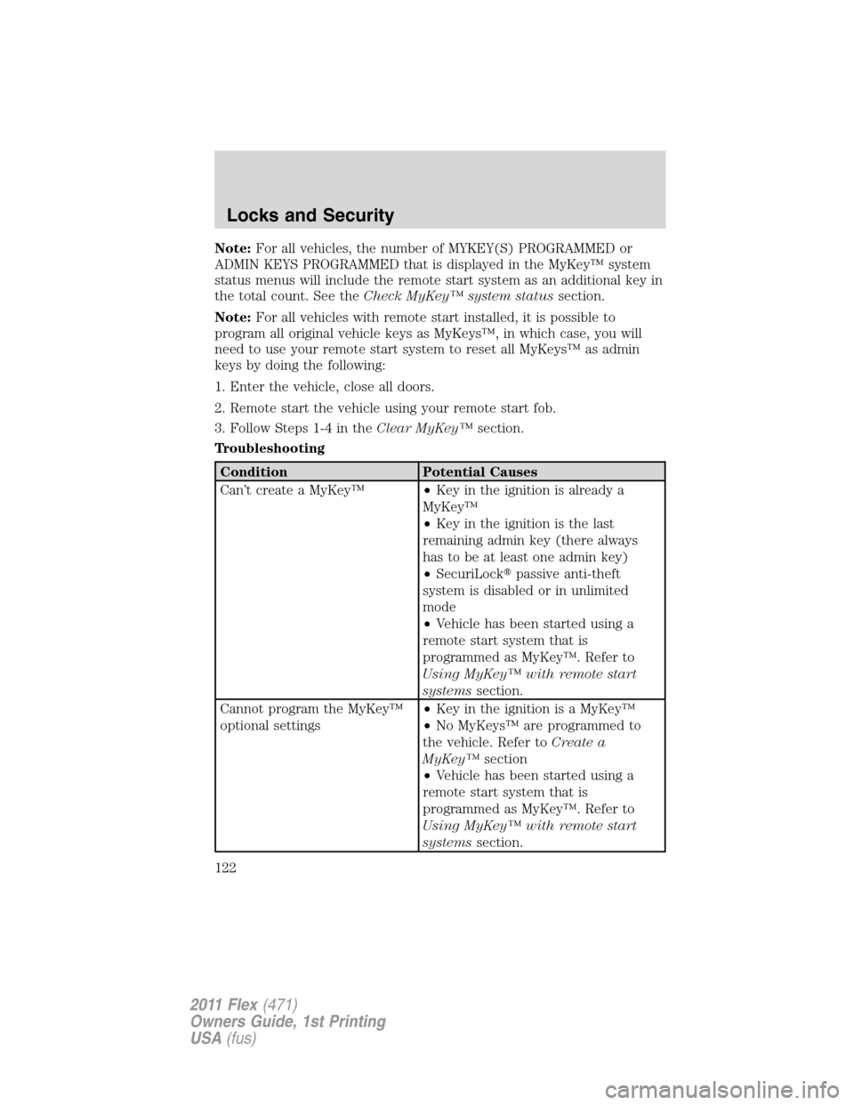 FORD FLEX 2011 1.G Owners Manual Note:For all vehicles, the number of MYKEY(S) PROGRAMMED or
ADMIN KEYS PROGRAMMED that is displayed in the MyKey™ system
status menus will include the remote start system as an additional key in
the