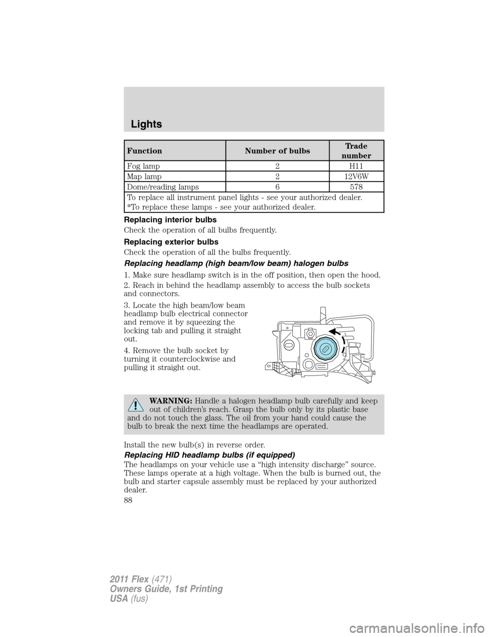 FORD FLEX 2011 1.G Owners Manual Function Number of bulbsTrade
number
Fog lamp 2 H11
Map lamp 2 12V6W
Dome/reading lamps 6 578
To replace all instrument panel lights - see your authorized dealer.
*To replace these lamps - see your au FORD FLEX 2011 1.G Owners Manual Function Number of bulbsTrade
number
Fog lamp 2 H11
Map lamp 2 12V6W
Dome/reading lamps 6 578
To replace all instrument panel lights - see your authorized dealer.
*To replace these lamps - see your au