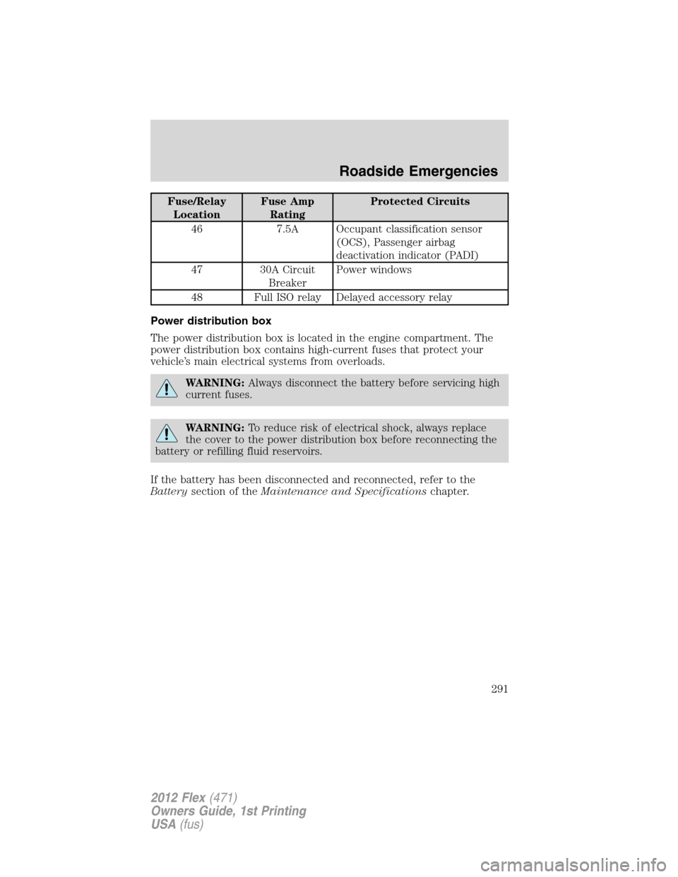 FORD FLEX 2012 1.G Owners Manual Fuse/Relay
LocationFuse Amp
RatingProtected Circuits
46 7.5A Occupant classification sensor
(OCS), Passenger airbag
deactivation indicator (PADI)
47 30A Circuit
BreakerPower windows
48 Full ISO relay 