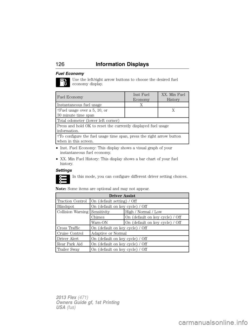 FORD FLEX 2013 1.G Owners Manual Fuel Economy
Use the left/right arrow buttons to choose the desired fuel
economy display.
Fuel EconomyInst Fuel
EconomyXX. Min Fuel
History
Instantaneous fuel usage X
†Fuel usage over a 5, 10, or
30