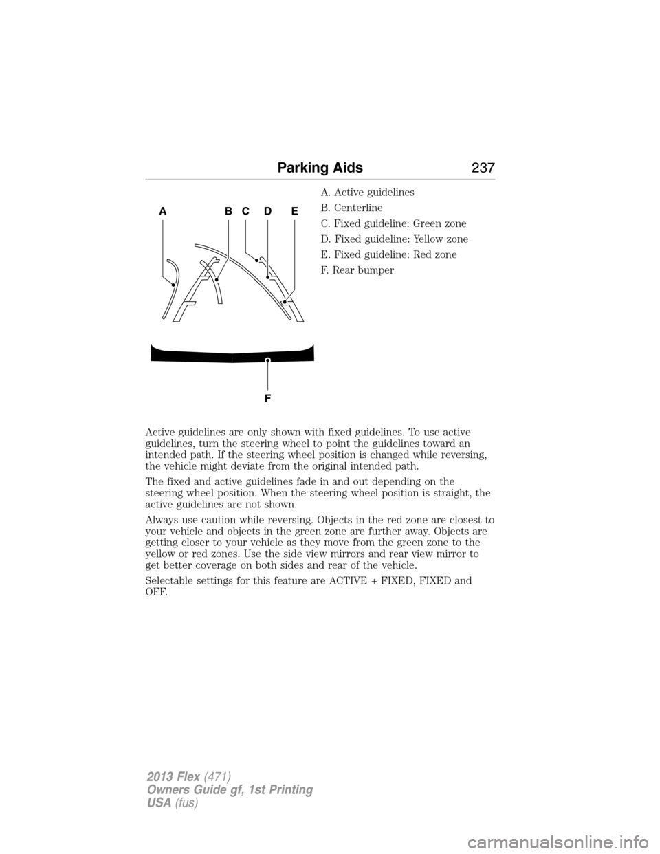 FORD FLEX 2013 1.G Owners Manual A. Active guidelines
B. Centerline
C. Fixed guideline: Green zone
D. Fixed guideline: Yellow zone
E. Fixed guideline: Red zone
F. Rear bumper
Active guidelines are only shown with fixed guidelines. To