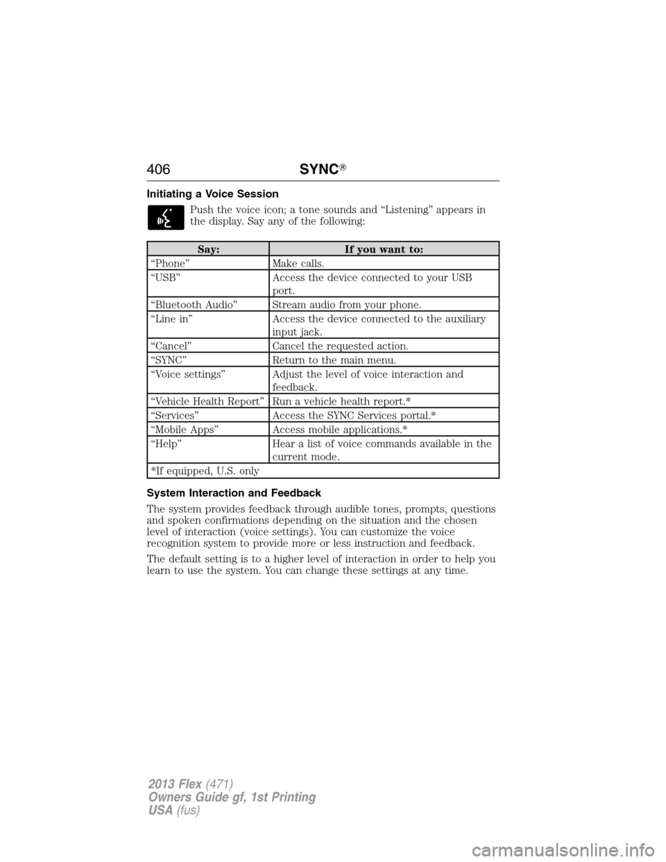 FORD FLEX 2013 1.G Owners Manual Initiating a Voice Session
Push the voice icon; a tone sounds and “Listening” appears in
the display. Say any of the following:
Say: If you want to:
“Phone” Make calls.
“USB” Access the de