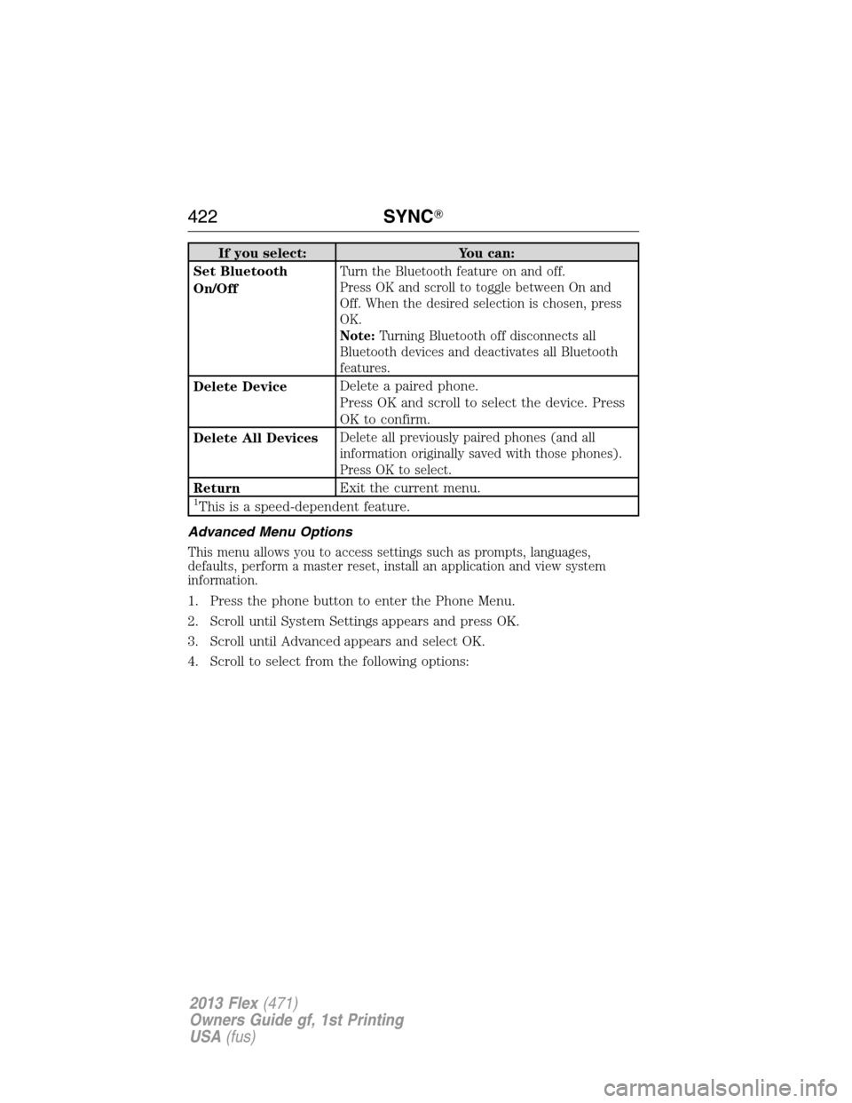 FORD FLEX 2013 1.G User Guide If you select: You can:
Set Bluetooth
On/Off
Turn the Bluetooth feature on and off.
Press OK and scroll to toggle between On and
Off. When the desired selection is chosen, press
OK.
Note:Turning Bluet