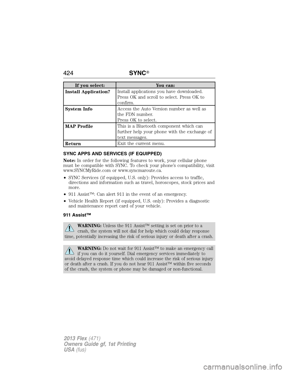 FORD FLEX 2013 1.G User Guide If you select: You can:
Install Application?Install applications you have downloaded.
Press OK and scroll to select. Press OK to
confirm.
System InfoAccess the Auto Version number as well as
the FDN n