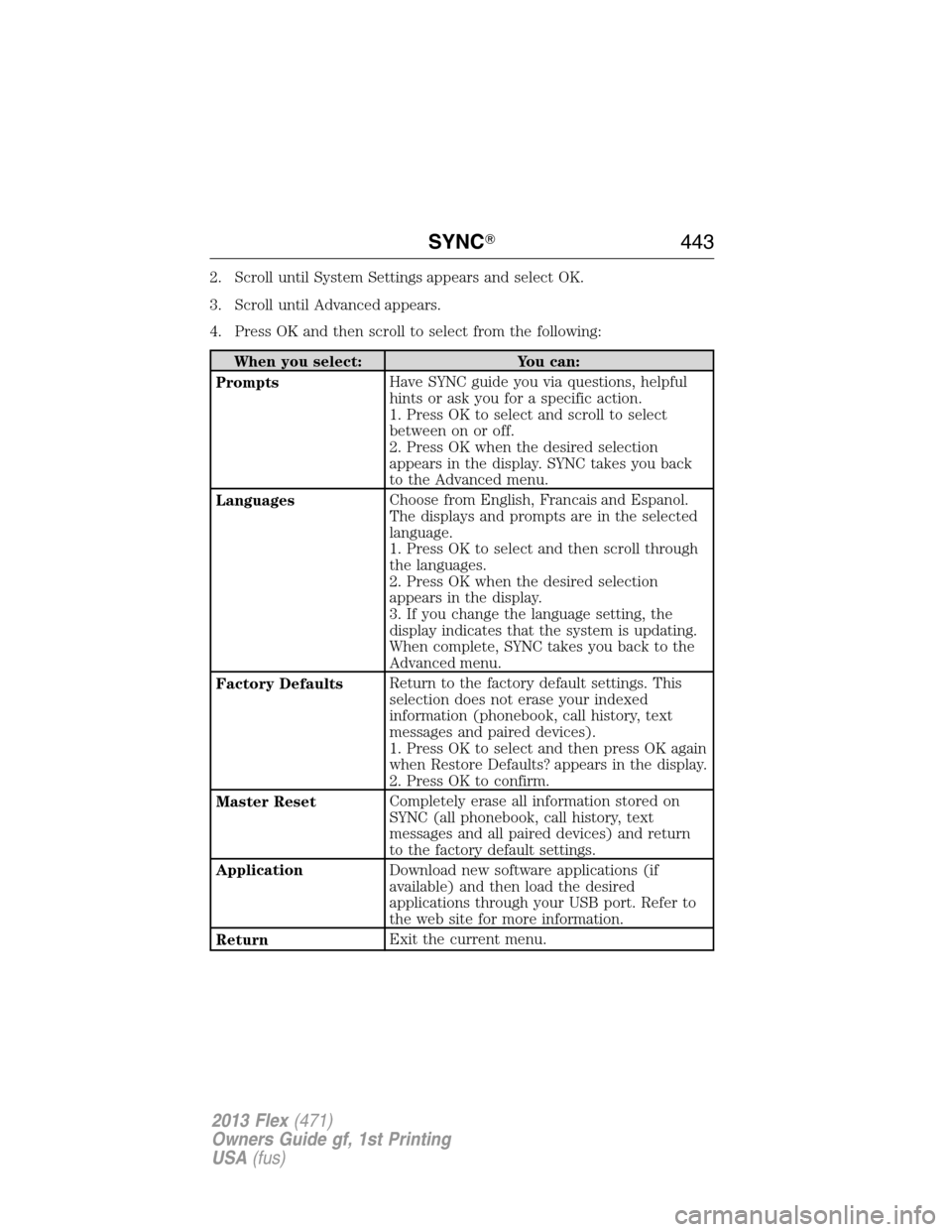 FORD FLEX 2013 1.G Owners Manual 2. Scroll until System Settings appears and select OK.
3. Scroll until Advanced appears.
4. Press OK and then scroll to select from the following:
When you select: You can:
PromptsHave SYNC guide you 