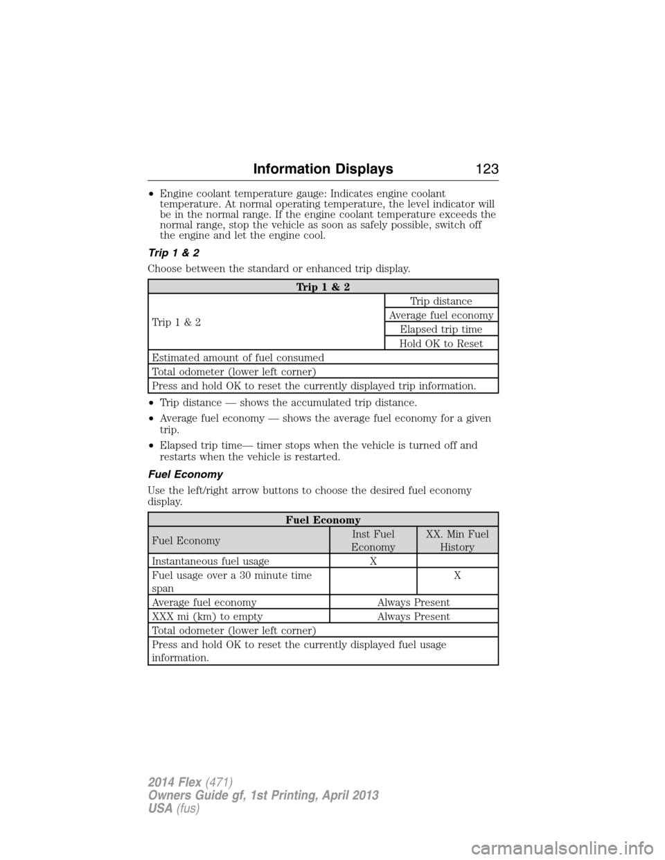 FORD FLEX 2014 1.G Owners Manual •Engine coolant temperature gauge: Indicates engine coolant
temperature. At normal operating temperature, the level indicator will
be in the normal range. If the engine coolant temperature exceeds t