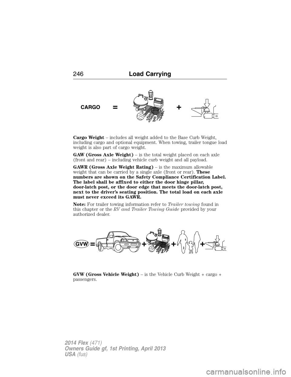 FORD FLEX 2014 1.G User Guide Cargo Weight– includes all weight added to the Base Curb Weight,
including cargo and optional equipment. When towing, trailer tongue load
weight is also part of cargo weight.
GAW (Gross Axle Weight)