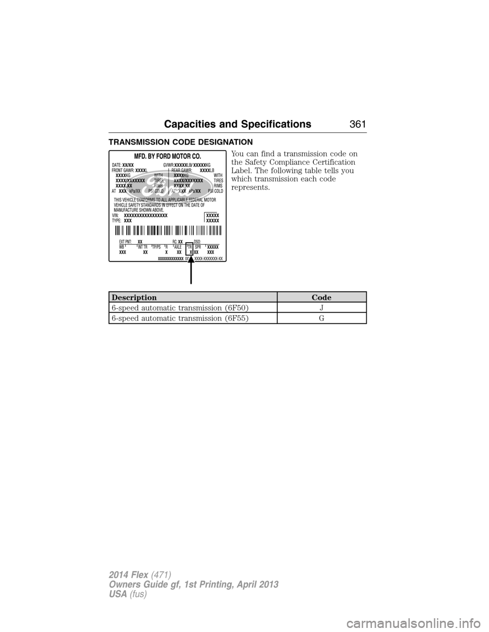 FORD FLEX 2014 1.G Owners Manual TRANSMISSION CODE DESIGNATION
You can find a transmission code on
the Safety Compliance Certification
Label. The following table tells you
which transmission each code
represents.
Description Code
6-s FORD FLEX 2014 1.G Owners Manual TRANSMISSION CODE DESIGNATION
You can find a transmission code on
the Safety Compliance Certification
Label. The following table tells you
which transmission each code
represents.
Description Code
6-s