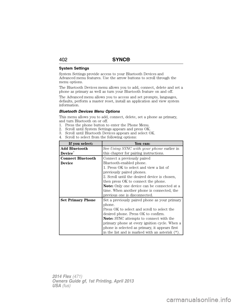 FORD FLEX 2014 1.G Owners Manual System Settings
System Settings provide access to your Bluetooth Devices and
Advanced menu features. Use the arrow buttons to scroll through the
menu options.
The Bluetooth Devices menu allows you to 