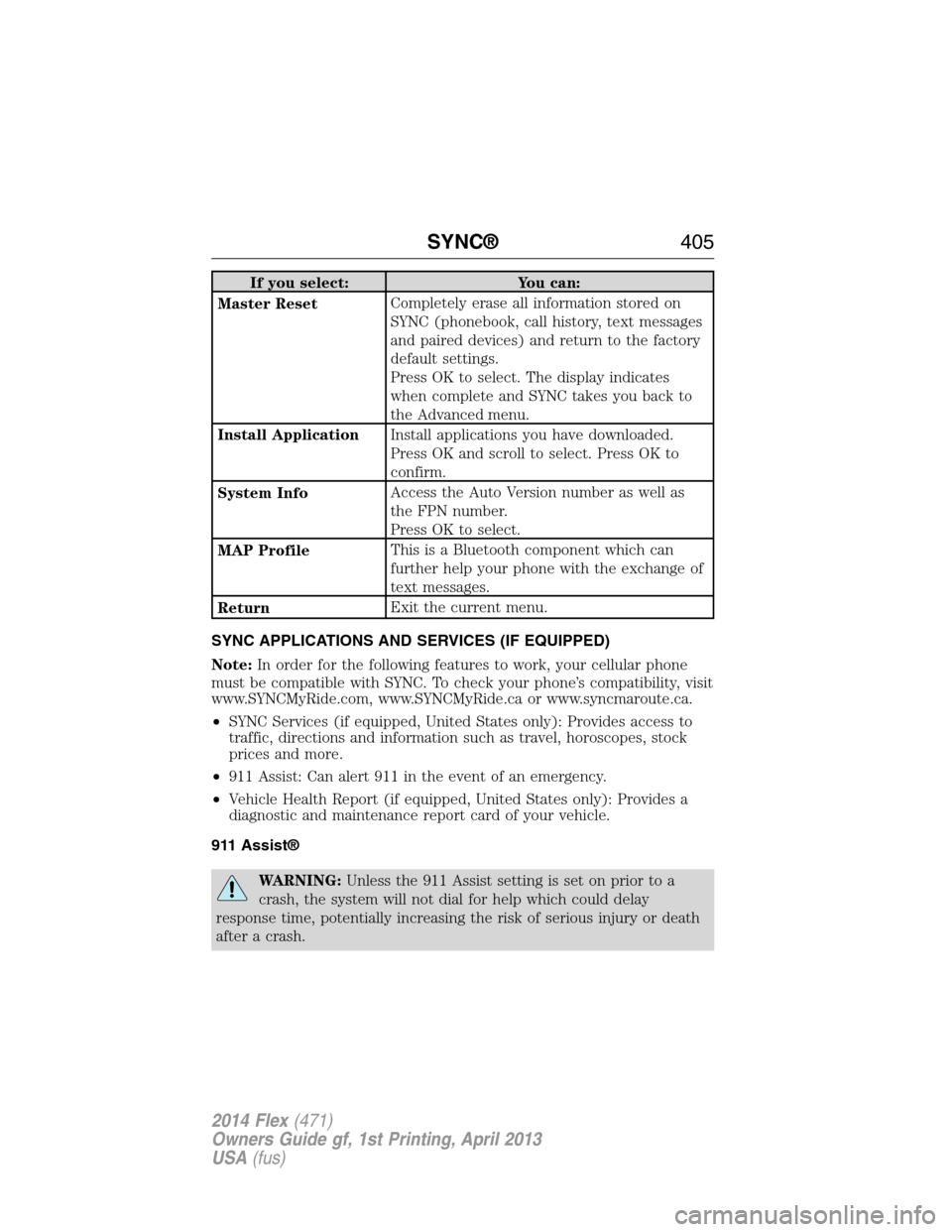 FORD FLEX 2014 1.G Owners Manual If you select: You can:
Master ResetCompletely erase all information stored on
SYNC (phonebook, call history, text messages
and paired devices) and return to the factory
default settings.
Press OK to 