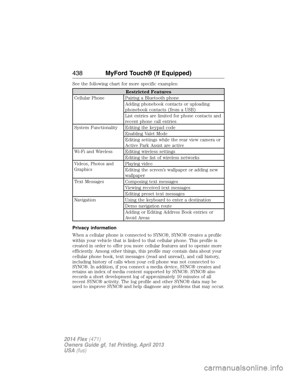 FORD FLEX 2014 1.G Owners Manual See the following chart for more specific examples:
Restricted Features
Cellular Phone Pairing a Bluetooth phone
Adding phonebook contacts or uploading
phonebook contacts (from a USB)
List entries are