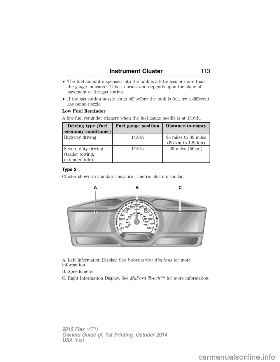 FORD FLEX 2015 1.G Owners Manual •The fuel amount dispensed into the tank is a little less or more than
the gauge indicated. This is normal and depends upon the slope of
pavement at the gas station.
•If the gas station nozzle shu