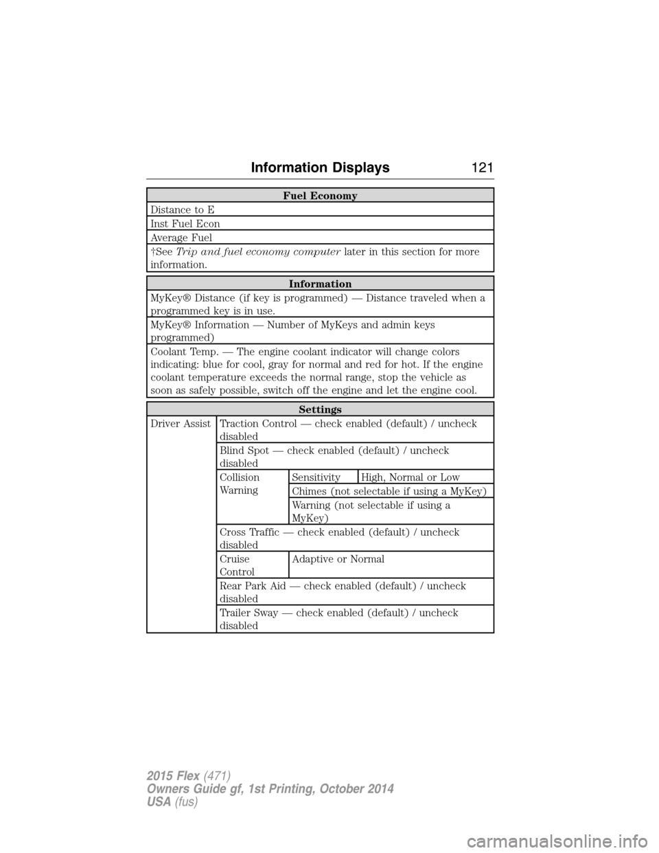 FORD FLEX 2015 1.G Owners Manual Fuel Economy
Distance to E
Inst Fuel Econ
Average Fuel
†SeeTrip and fuel economy computerlater in this section for more
information.
Information
MyKey® Distance (if key is programmed) — Distance 