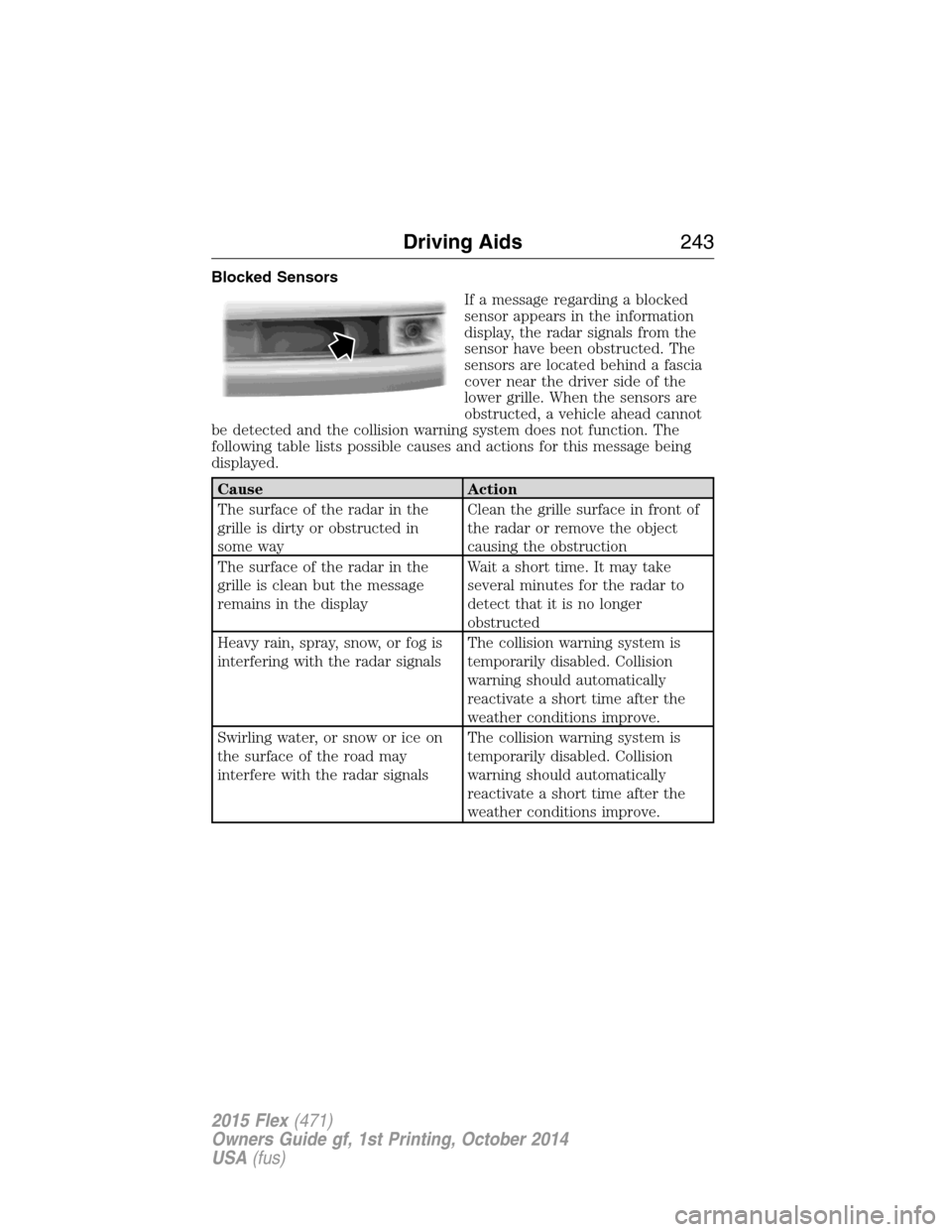 FORD FLEX 2015 1.G Manual PDF Blocked Sensors
If a message regarding a blocked
sensor appears in the information
display, the radar signals from the
sensor have been obstructed. The
sensors are located behind a fascia
cover near t FORD FLEX 2015 1.G Manual PDF Blocked Sensors
If a message regarding a blocked
sensor appears in the information
display, the radar signals from the
sensor have been obstructed. The
sensors are located behind a fascia
cover near t