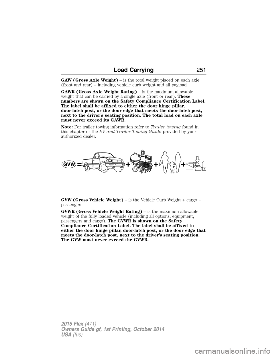 FORD FLEX 2015 1.G Owners Manual GAW (Gross Axle Weight)– is the total weight placed on each axle
(front and rear) – including vehicle curb weight and all payload.
GAWR (Gross Axle Weight Rating)– is the maximum allowable
weigh