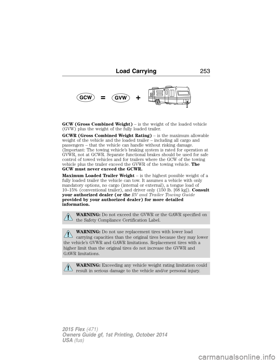 FORD FLEX 2015 1.G Owners Manual GCW (Gross Combined Weight)– is the weight of the loaded vehicle
(GVW) plus the weight of the fully loaded trailer.
GCWR (Gross Combined Weight Rating)– is the maximum allowable
weight of the vehi