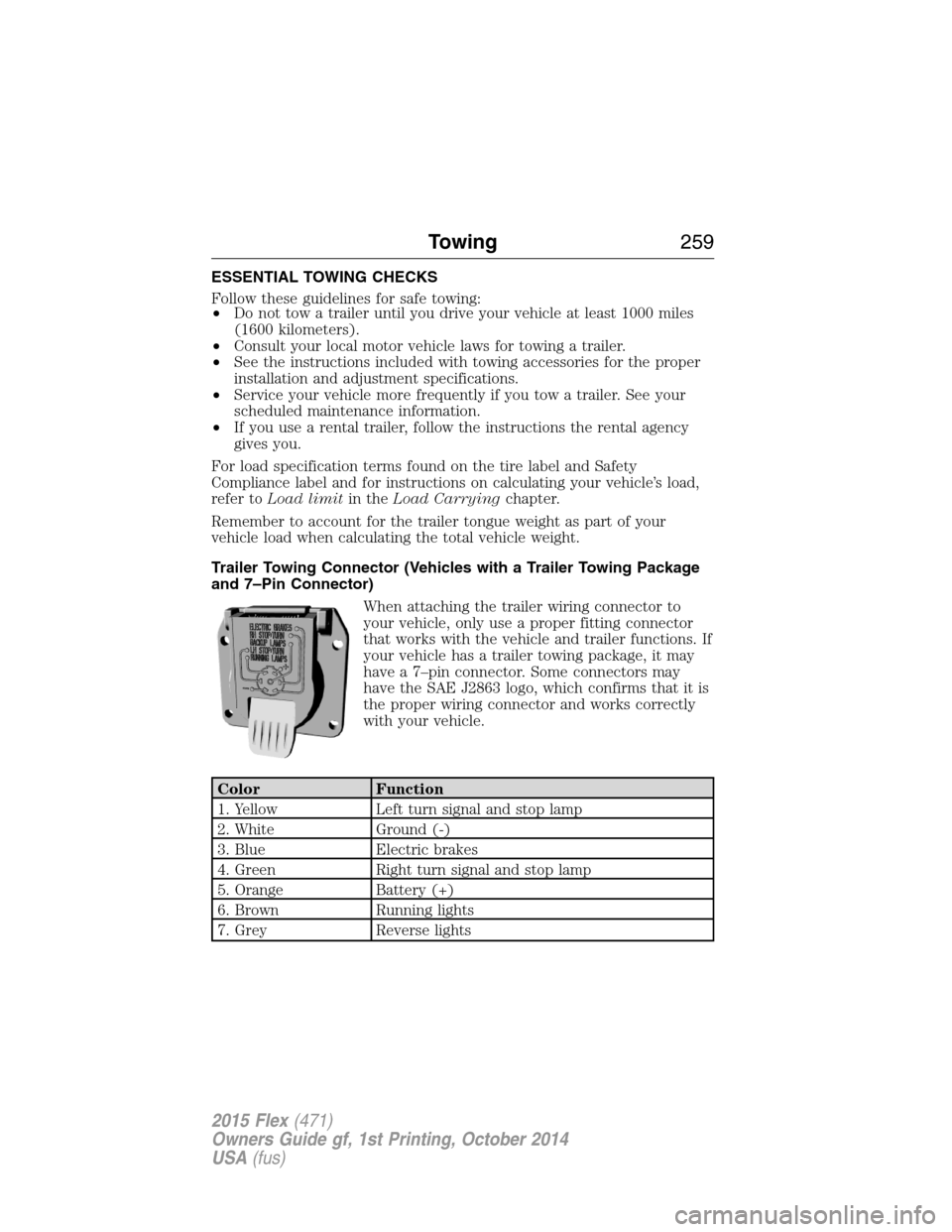 FORD FLEX 2015 1.G Owners Manual ESSENTIAL TOWING CHECKS
Follow these guidelines for safe towing:
•Do not tow a trailer until you drive your vehicle at least 1000 miles
(1600 kilometers).
•Consult your local motor vehicle laws fo